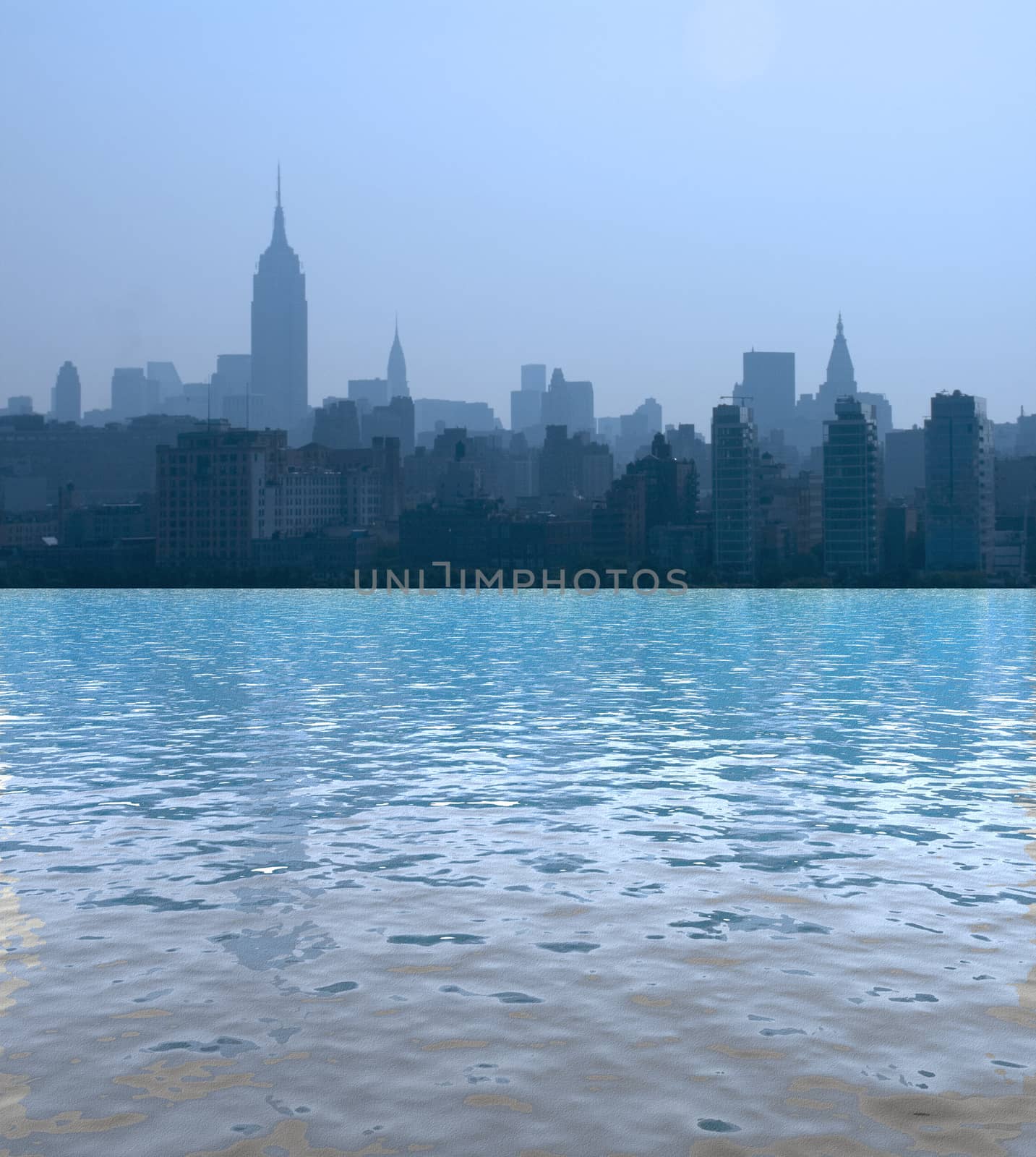 New York view. Sunset in vivid blue colors. 3D rendering