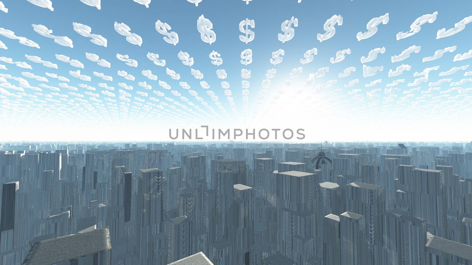 Surreal city is under the dollar clouds. 3D rendering