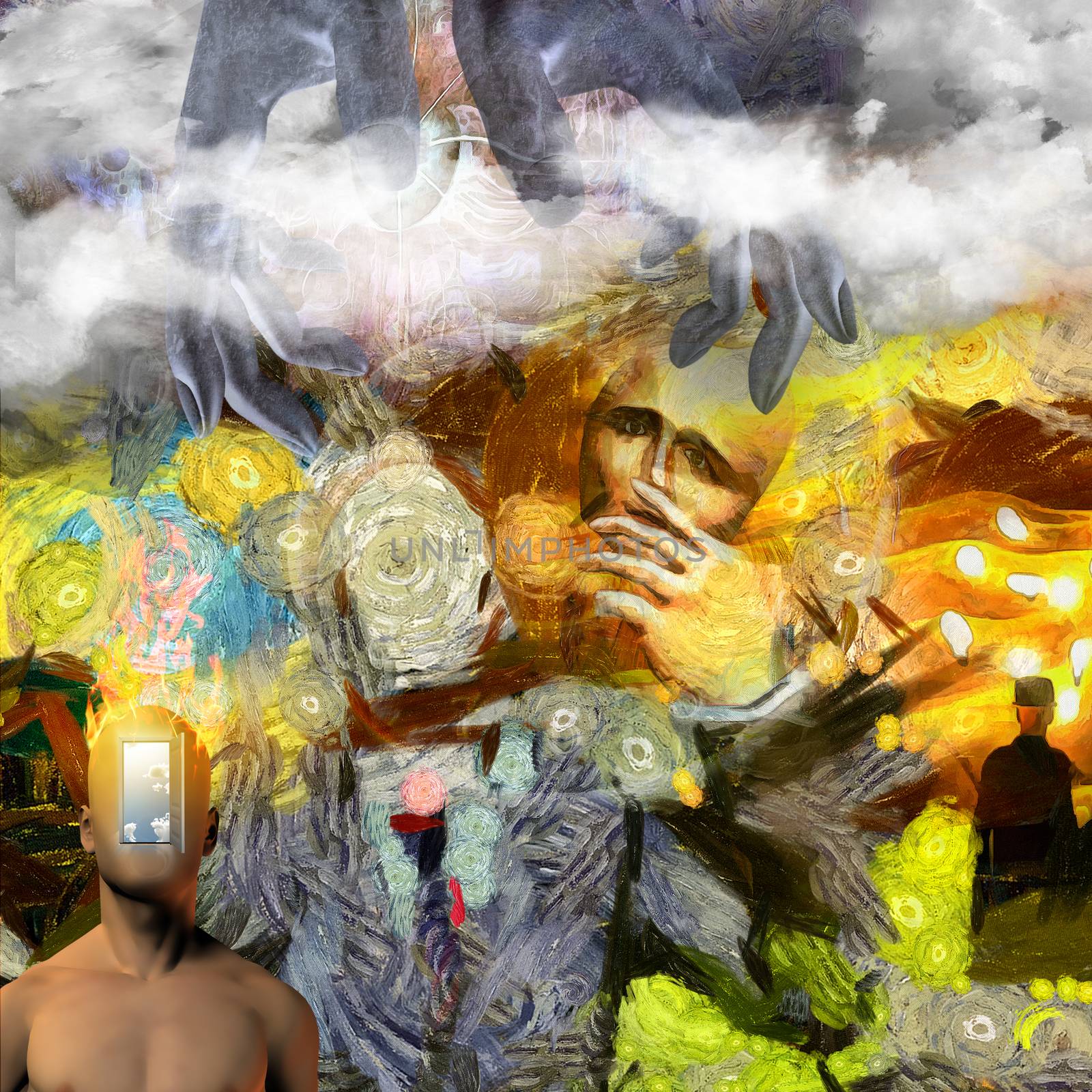 Surreal painting. Man without face with mask in his hand. Man torso with opened door instead of his face. Hands of creator in the sky. 3D rendering