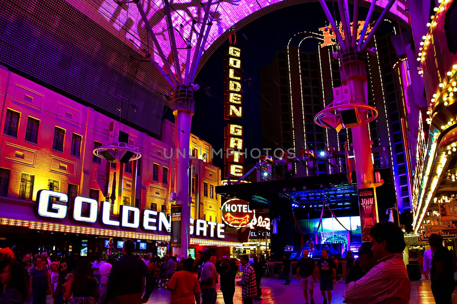 LAS VEGAS,NV - Sep 16, 2018: Golden Gate Hotel & Casino sign illuminated by night in Las Vegas. It is the oldest and smallest hotel located on the Fremont Street Experience.