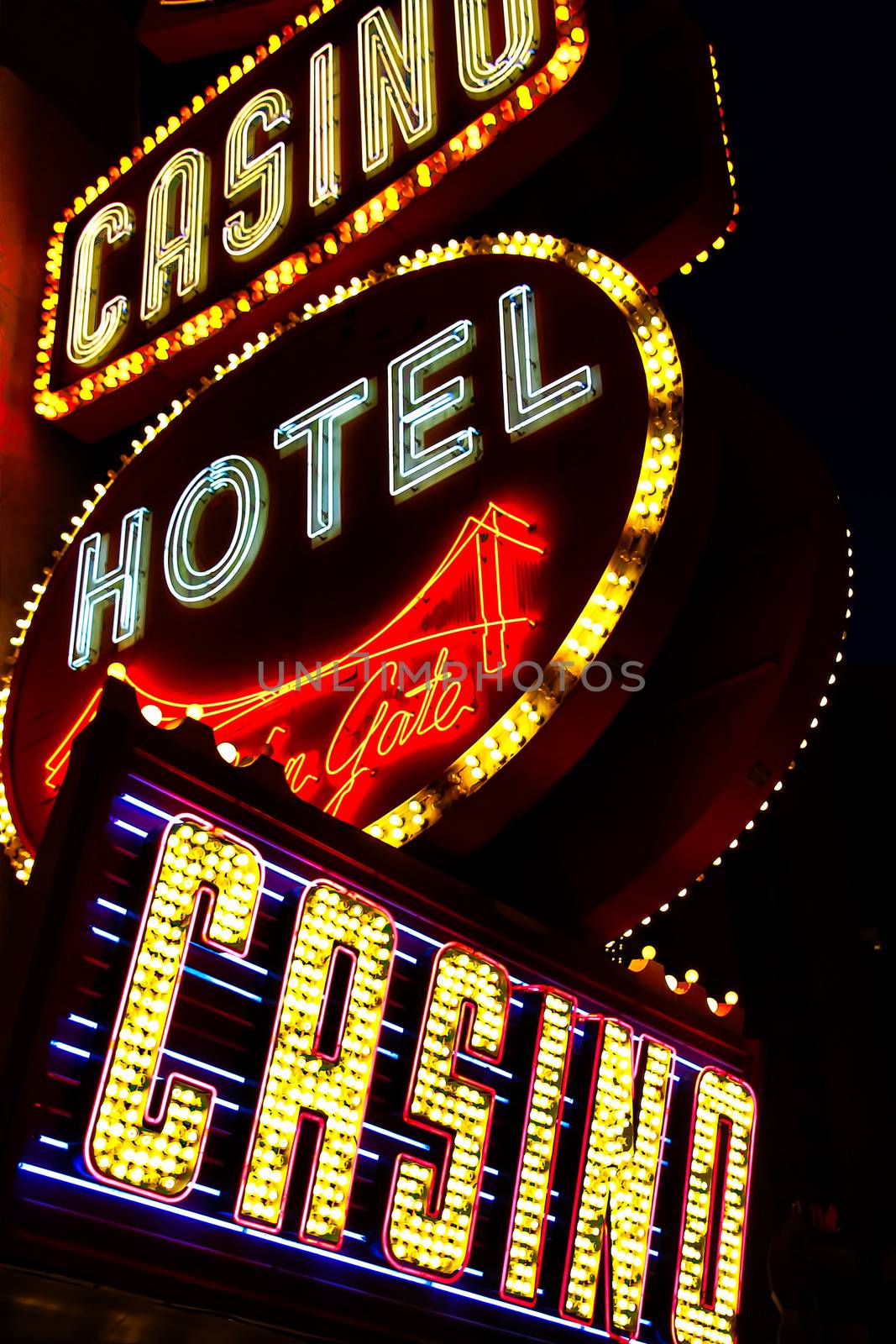 LAS VEGAS,NV - Sep 16, 2018: Golden Gate Hotel & Casino sign illuminated by night in Las Vegas. It is the oldest and smallest hotel located on the Fremont Street Experience. by USA-TARO