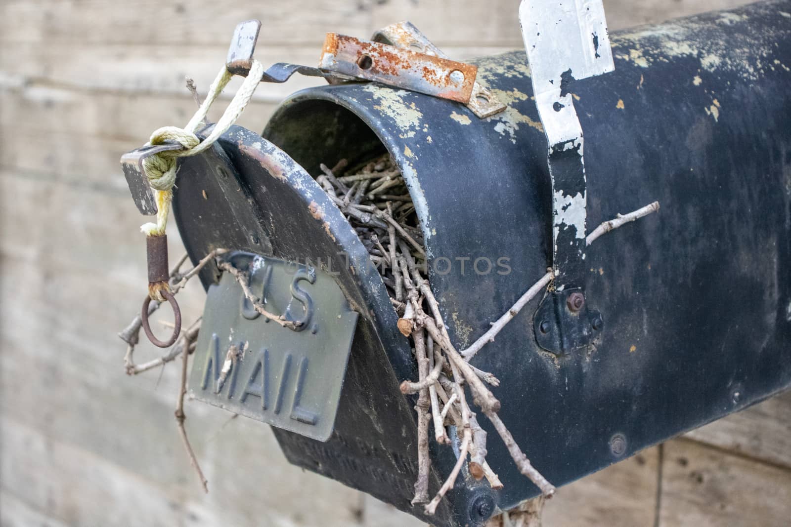 Close up of the front of an Old Abandoned country mail box with bird nest inside it on the side of a shed. High quality photo