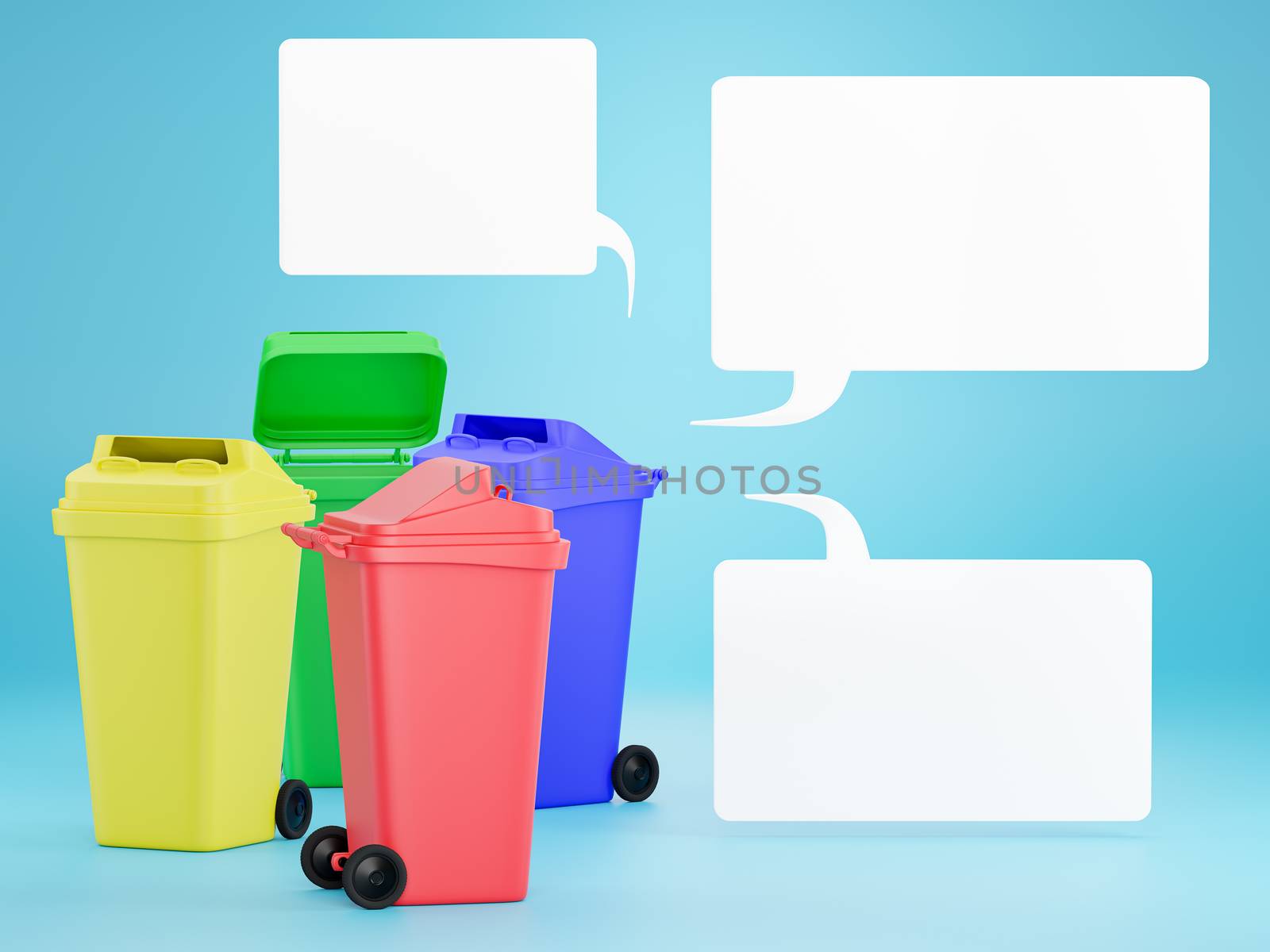 Set of colored bins to separate each type of waste for easier recycling. Realistic trash can of various colors and blank text boxes. Concept of saving the world by properly littering. 3D rendering.