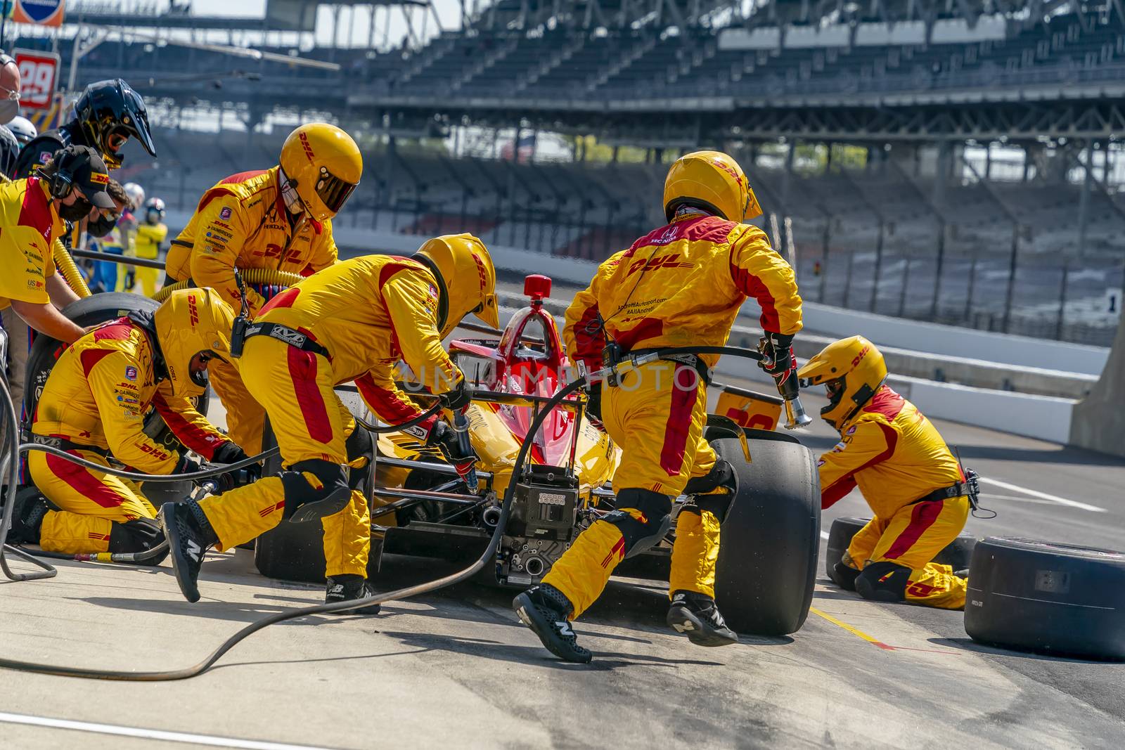 RYAN HUNTER-REAY (28) of the United States brings his car in for service during the Indianapolis 500 at Indianapolis Motor Speedway in Indianapolis Indiana.