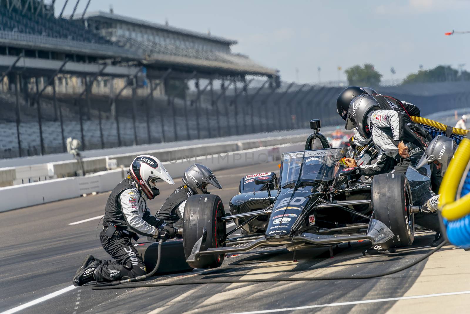 ED CARPENTER (20) Of the United States brings his car in for service during the Indianapolis 500 at Indianapolis Motor Speedway in Indianapolis Indiana.