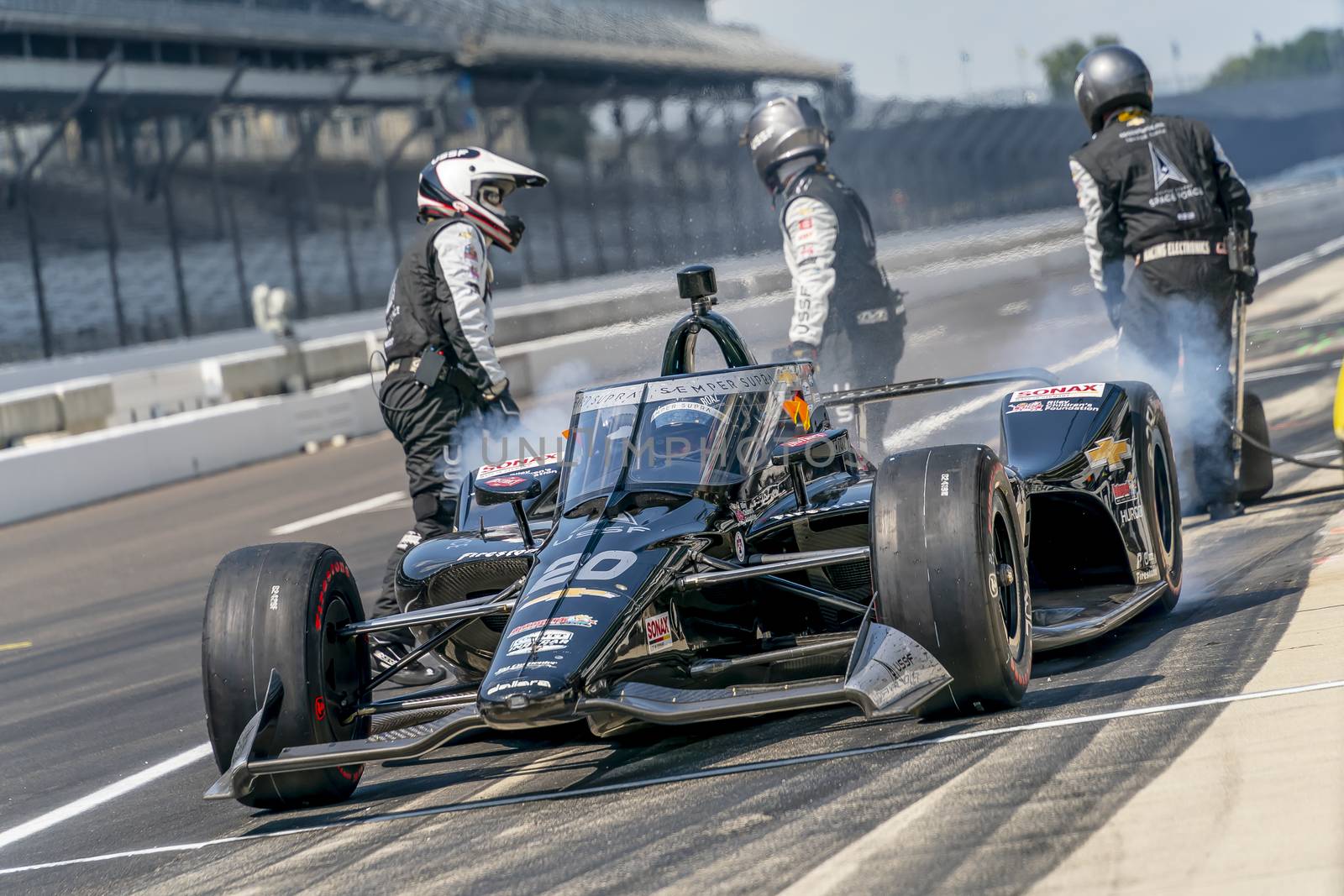 ED CARPENTER (20) Of the United States brings his car in for service during the Indianapolis 500 at Indianapolis Motor Speedway in Indianapolis Indiana.