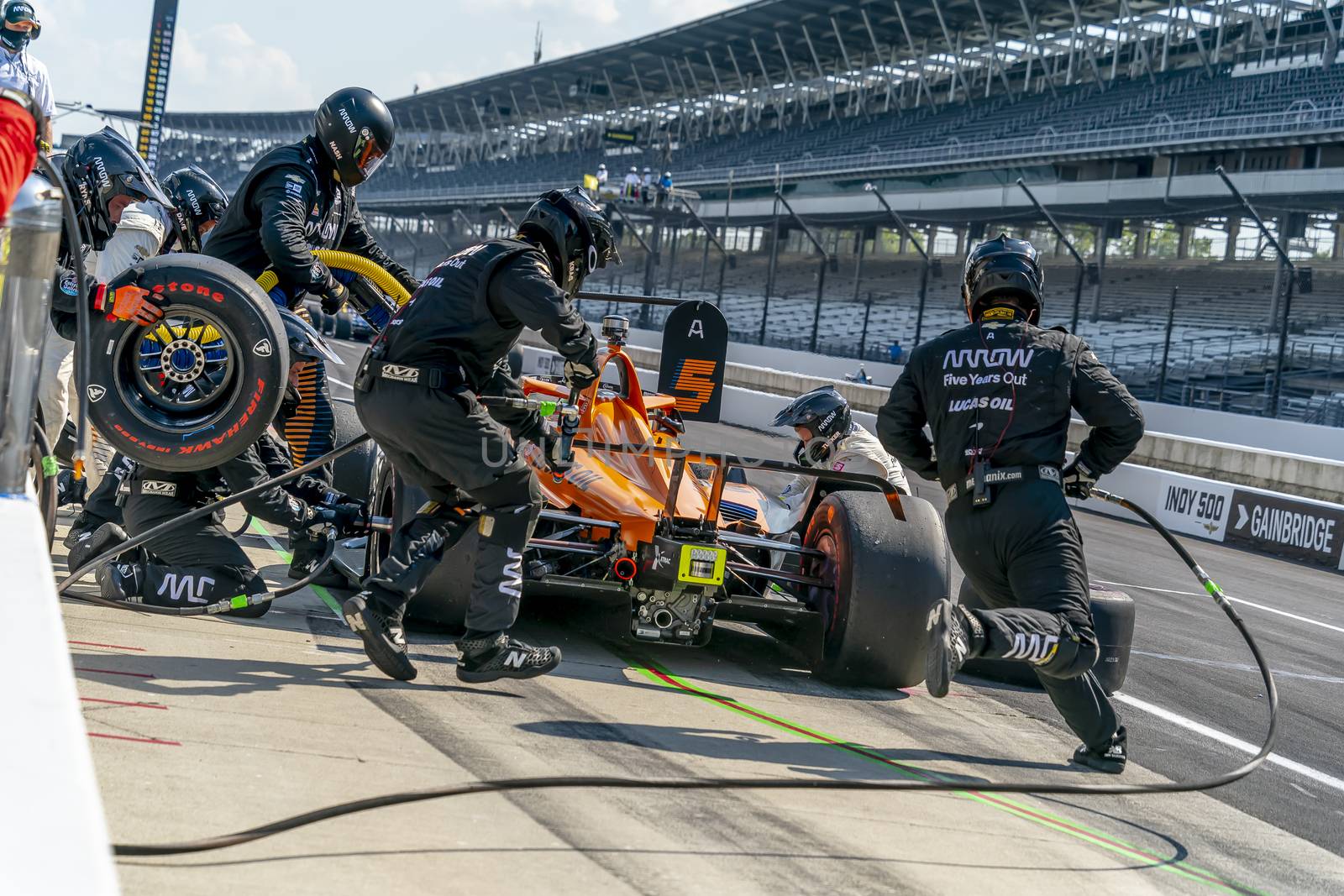 PATO OWARD (5) of Monterey, Mexico brings his car in for service during the Indianapolis 500 at Indianapolis Motor Speedway in Indianapolis Indiana.