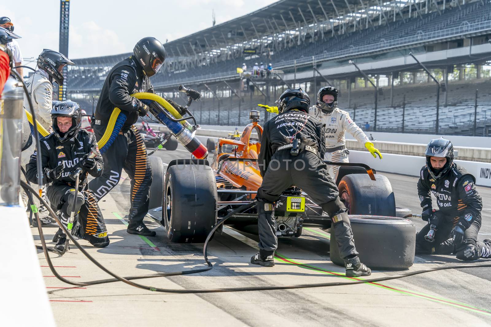 PATO OWARD (5) of Monterey, Mexico brings his car in for service during the Indianapolis 500 at Indianapolis Motor Speedway in Indianapolis Indiana.