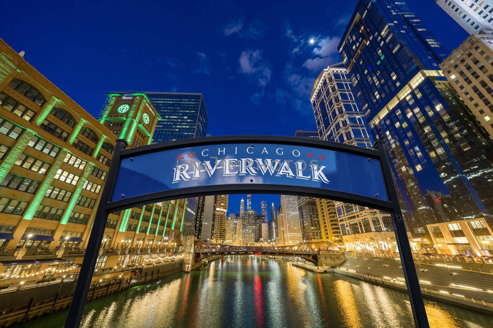 The landmark Chicago riverwalk label over cityscape river side, by Tzido