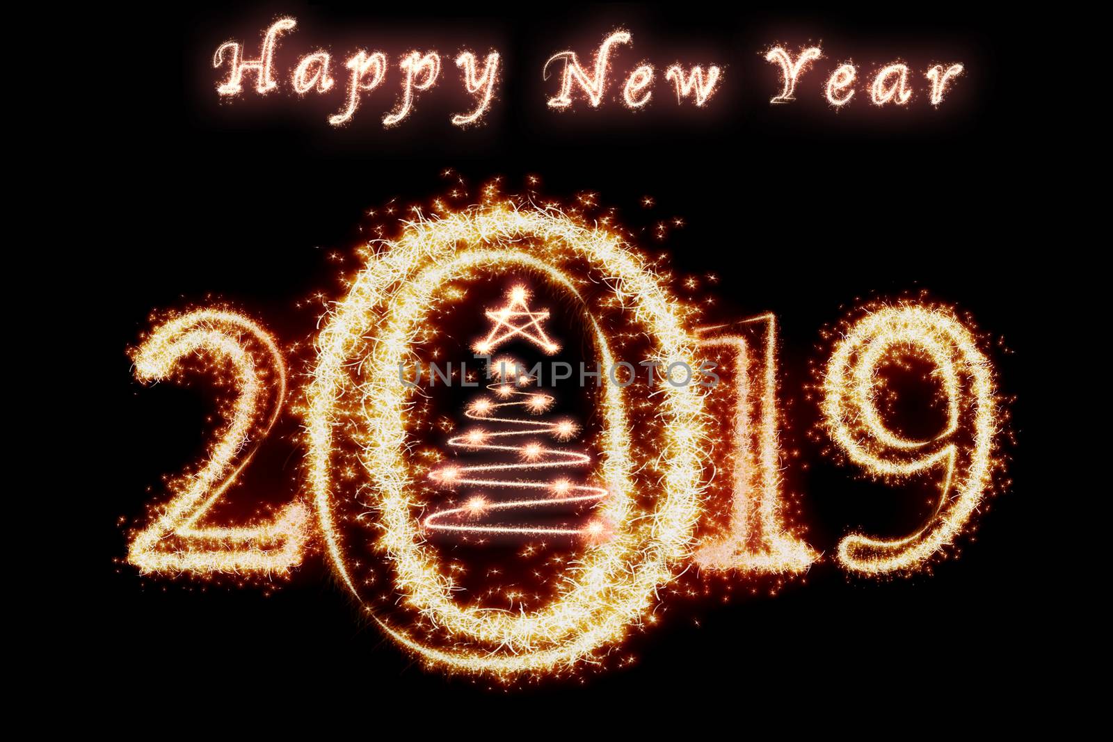 Happy new year 2019 and christmas tree written with Sparkle fire by Tzido