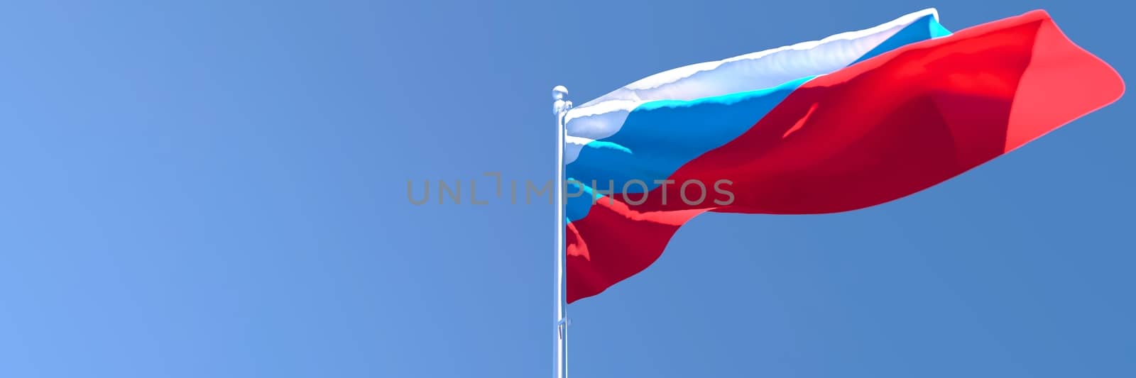 3D rendering of the national flag of Russia waving in the wind against a blue sky