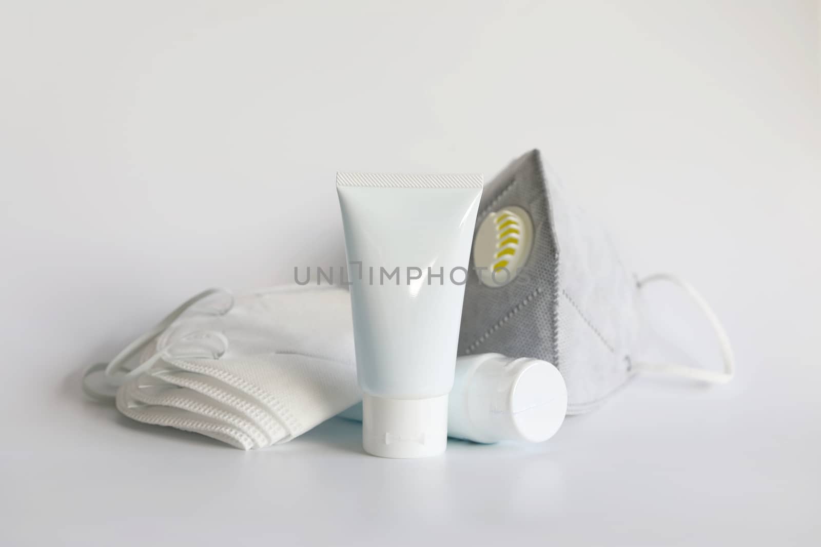 Cleansing gel and protection mask filter isolated