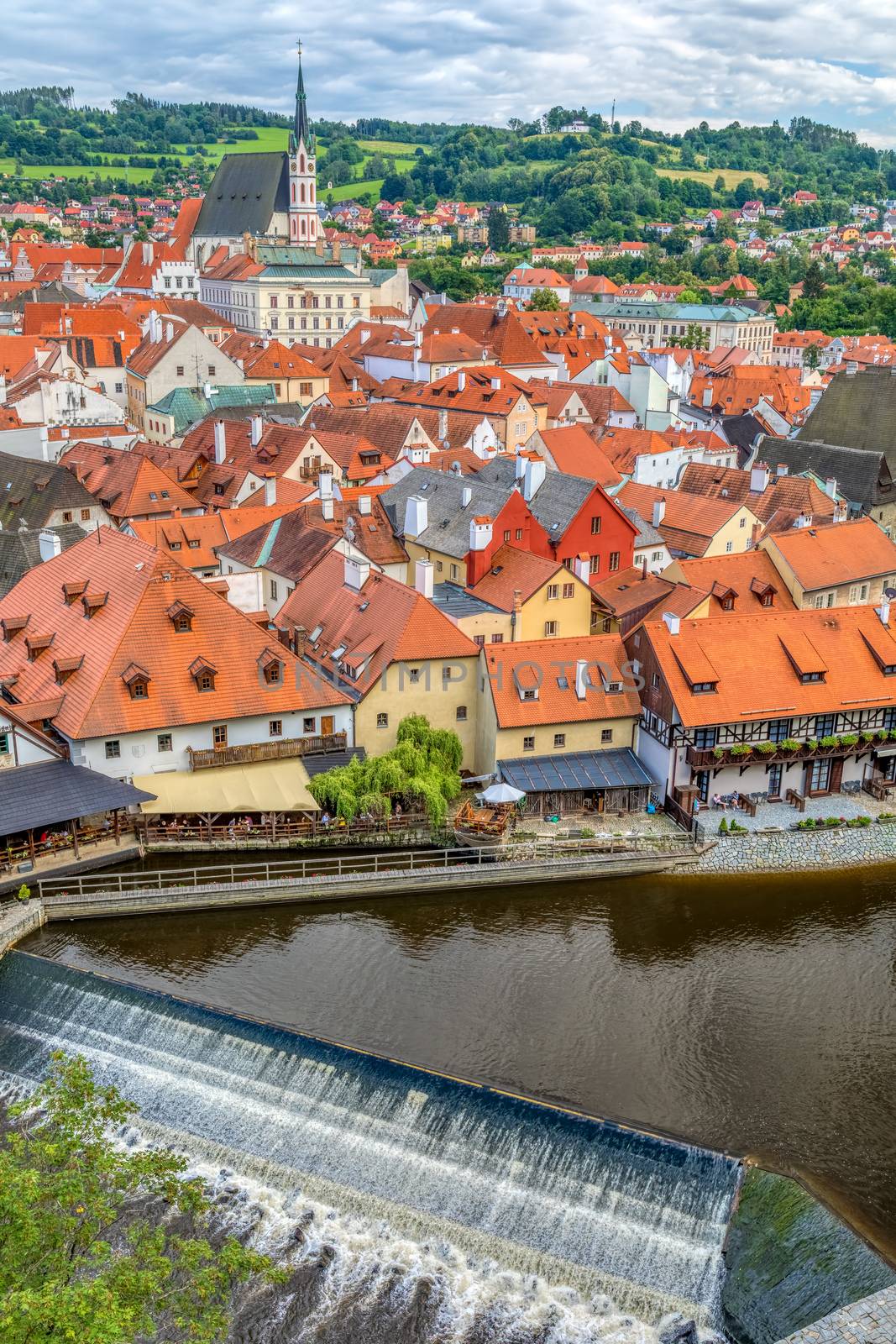Top view over the old Town of Cesky Krumlov, Czech Republic. UNESCO World Heritage Site.Europe