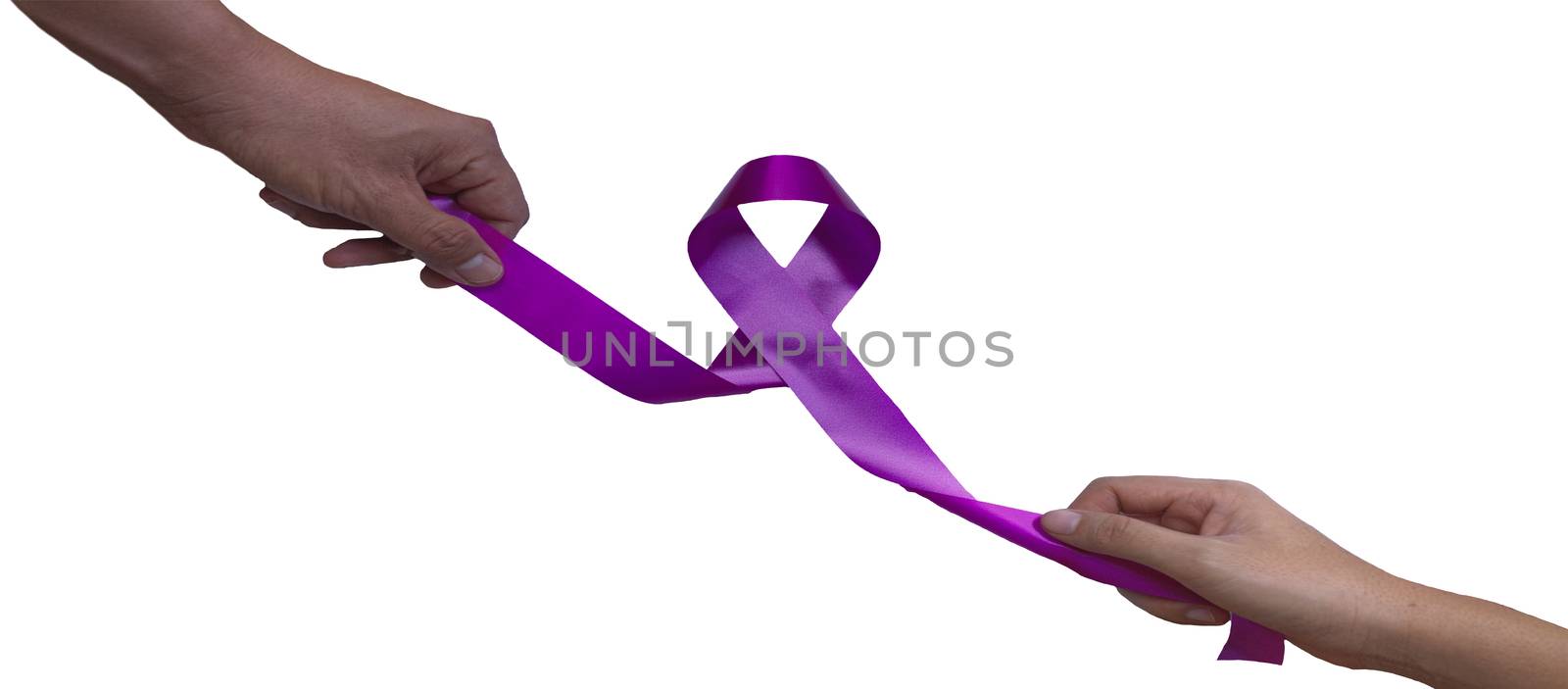 Female hands and men hand pulling pink ribbons expressing breast cancer awareness day concept isolated on white background.
