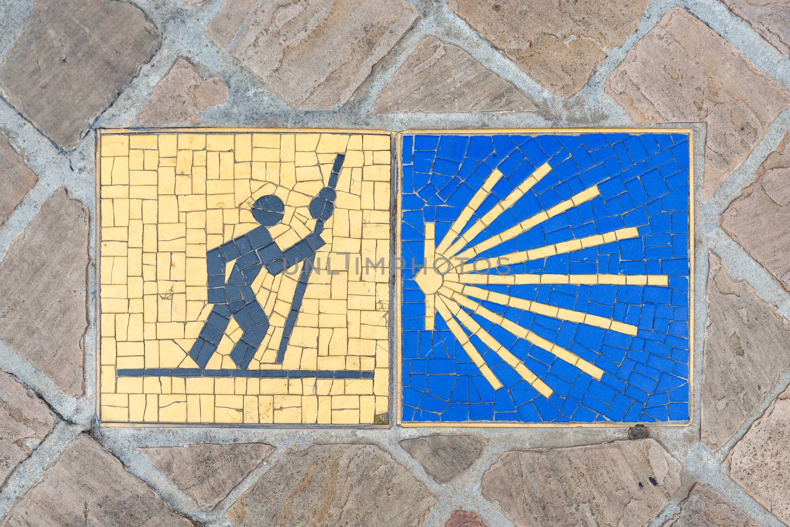 Camino de Santiago pilgrimage sign on the pavement in Chartres, France.