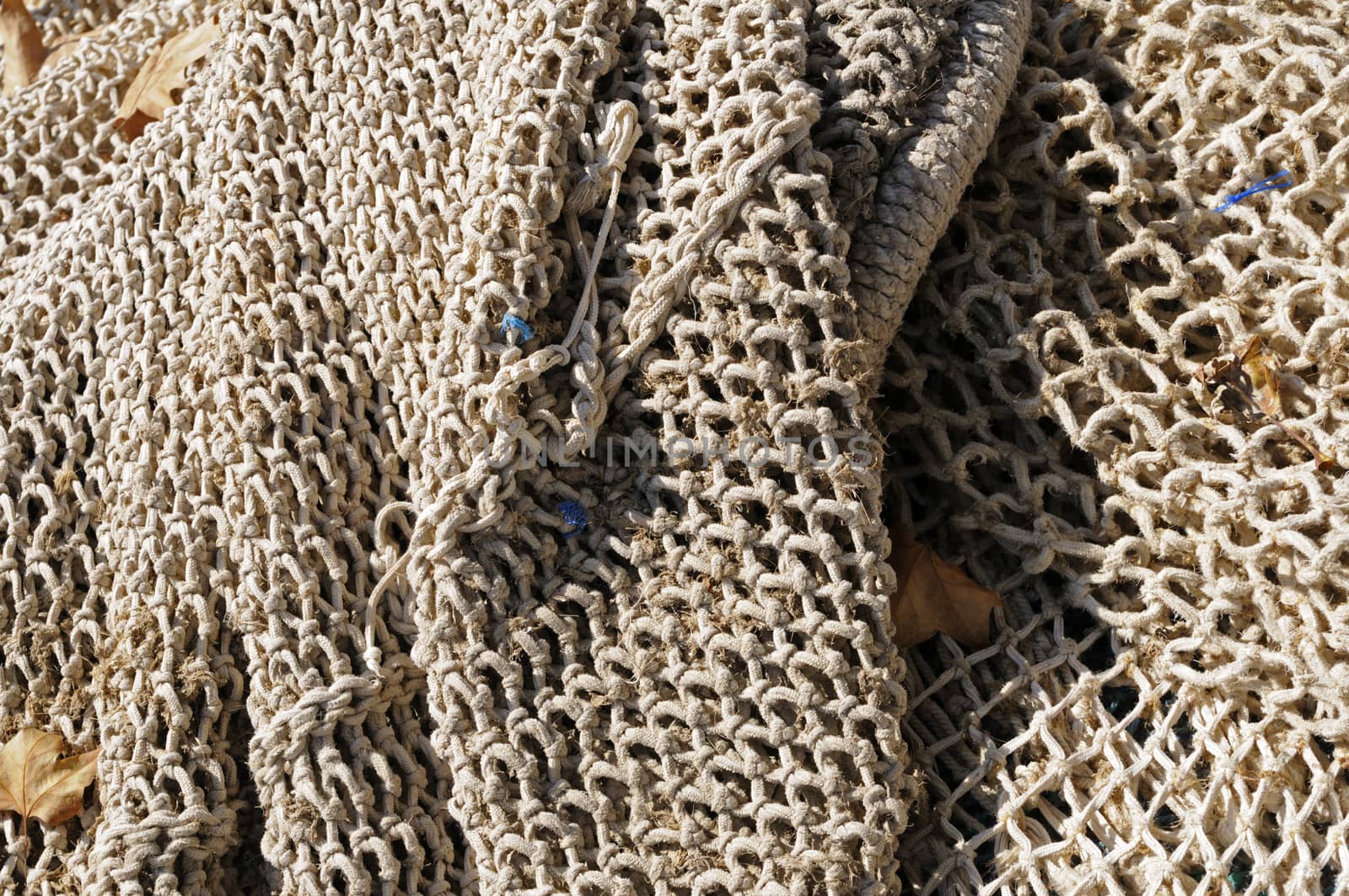 Close-up of a fishing net that is laid out to dry.