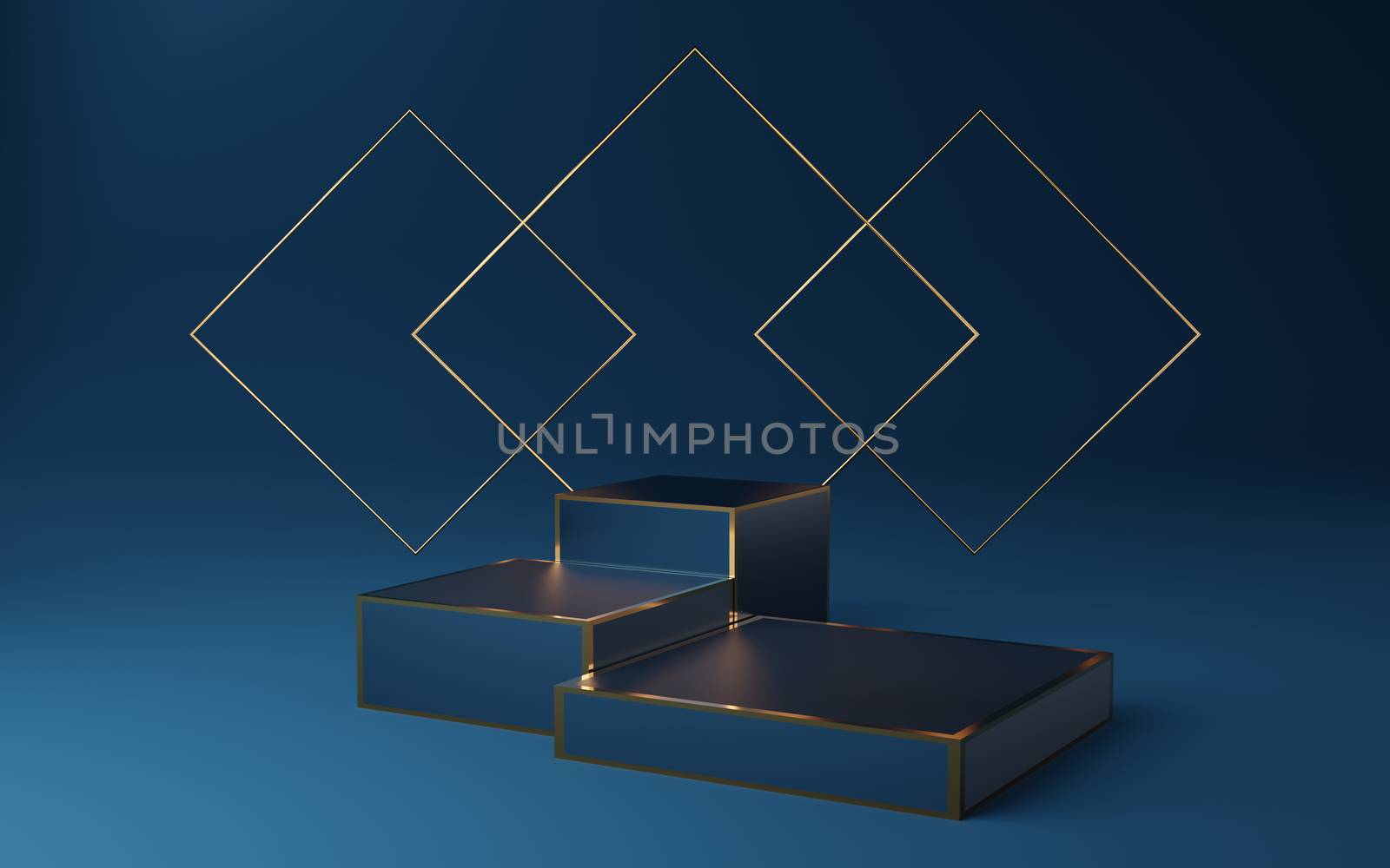 Empty blue cube podium with gold border and gold square on blue background. Abstract minimal studio 3d geometric shape object. Mockup space for display of product design. 3d rendering.