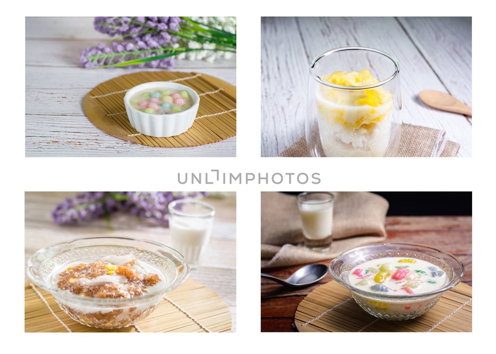 Set of Thai dessert such as color rice dumpling in coconut milk (Bua Loy), durian and sticky rice, tapioca pearls form sago tree and sweet rice gnocchi.