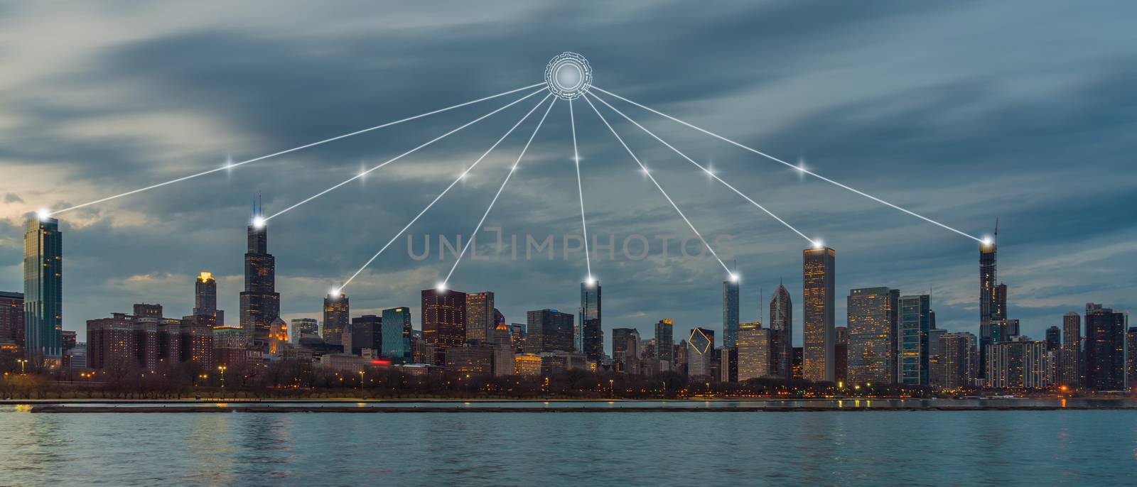 Technology contributor center via Connection line between Panorama of Chicago Cityscape, Architecture and building with tourist, Digital Data computer communication and internet of things concept