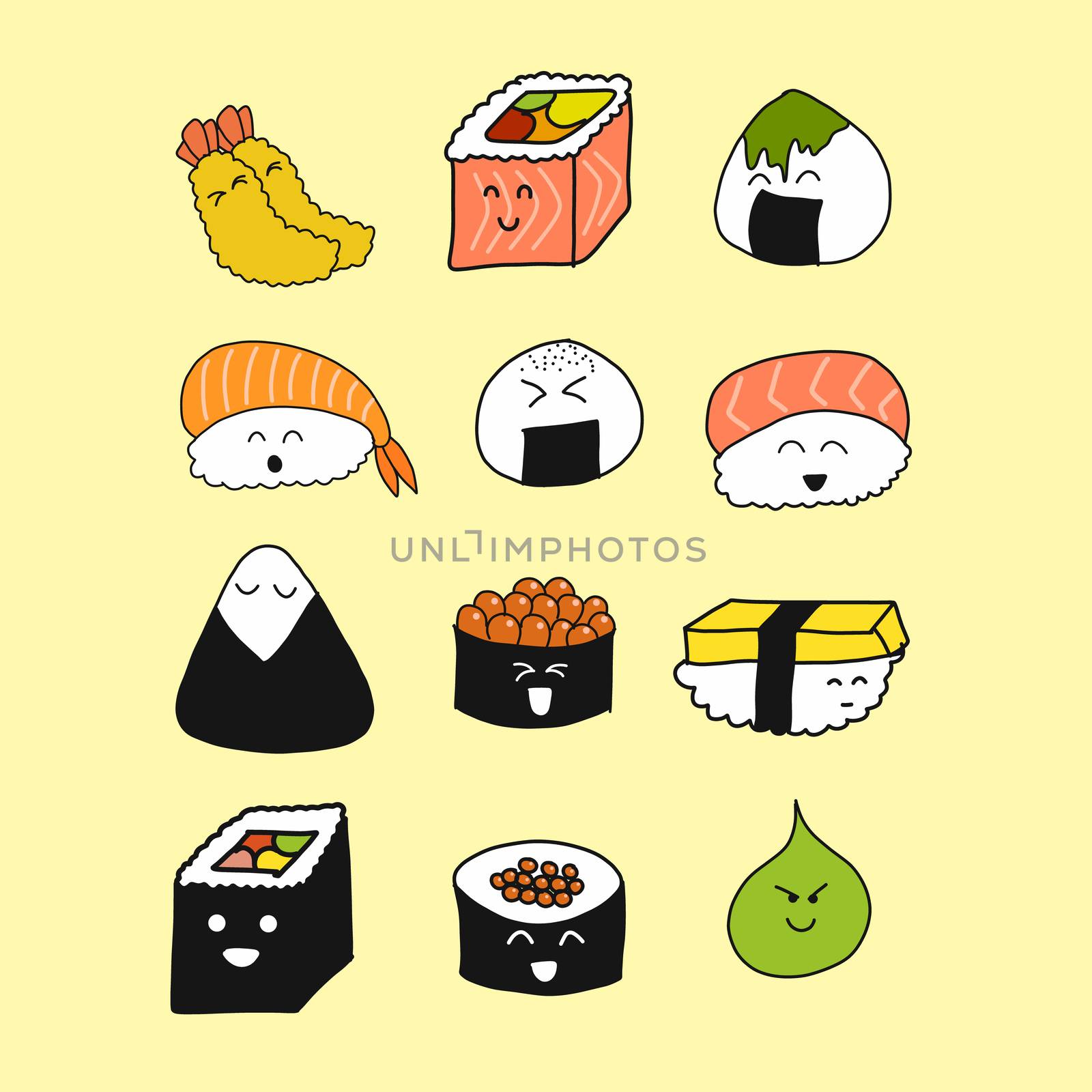 Food concept. Hand drawing set of kawaii or cute sushi on yellow background.