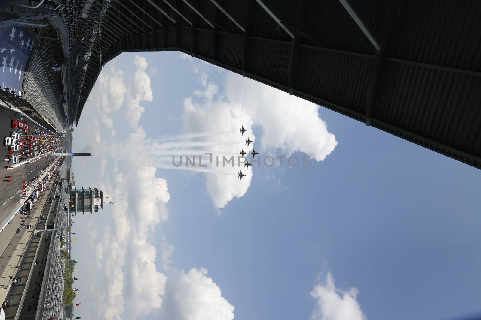 The United States Air Force performs a flyover at the Indianapolis Motor Speedway as it plays host to the 104th running of the Indianapolis 500 in Indianapolis, Indiana.