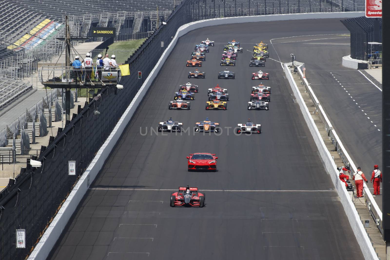 The green flag drops on the Indianapolis 500 at Indianapolis Motor Speedway in Indianapolis Indiana.