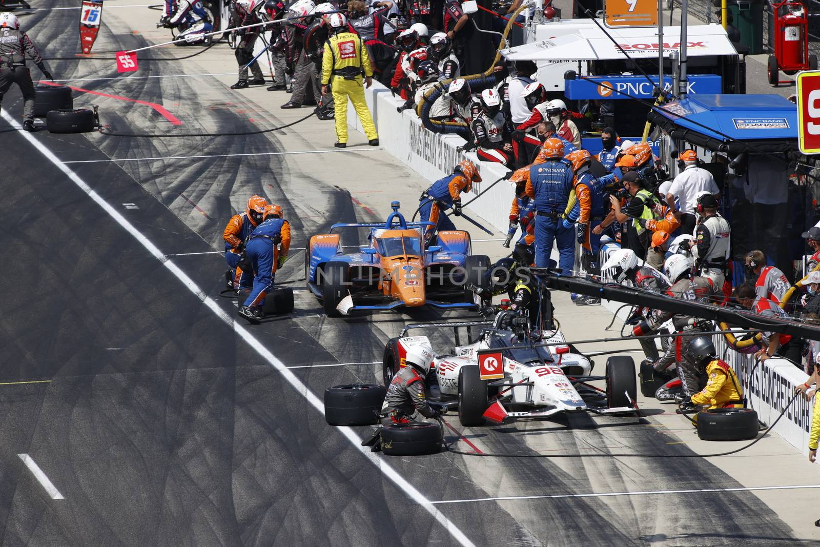 The NTT IndyCar Series teams take to the track to race for the Indianapolis 500 at Indianapolis Motor Speedway in Indianapolis Indiana.