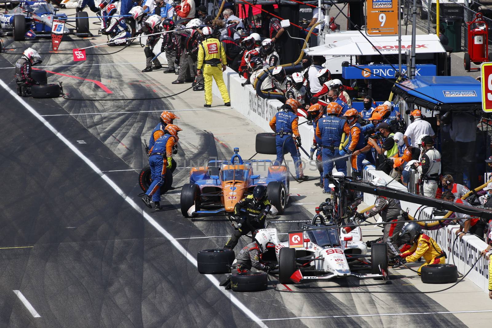 The NTT IndyCar Series teams take to the track to race for the Indianapolis 500 at Indianapolis Motor Speedway in Indianapolis Indiana.