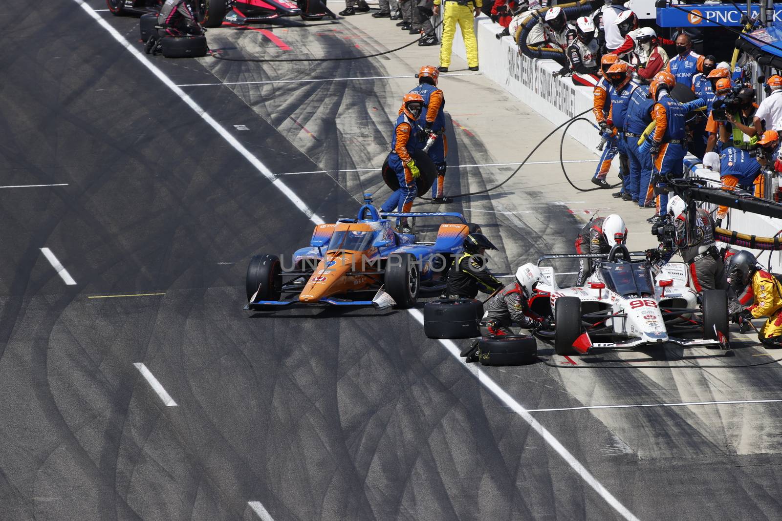 The NTT IndyCar Series teams take to the track to race for the Indianapolis 500 at Indianapolis Motor Speedway in Indianapolis Indiana.