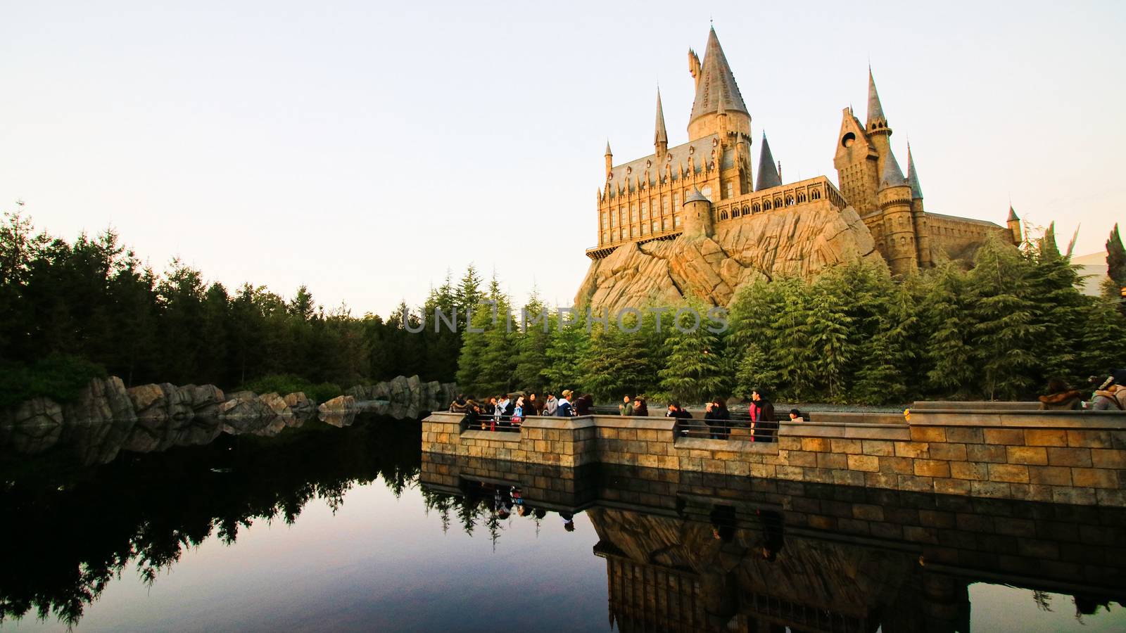 Osaka, Japan - Dec 02, 2017: View of Hogwarts castle at the Wizarding World of Harry Potter in Universal Studios Japan.