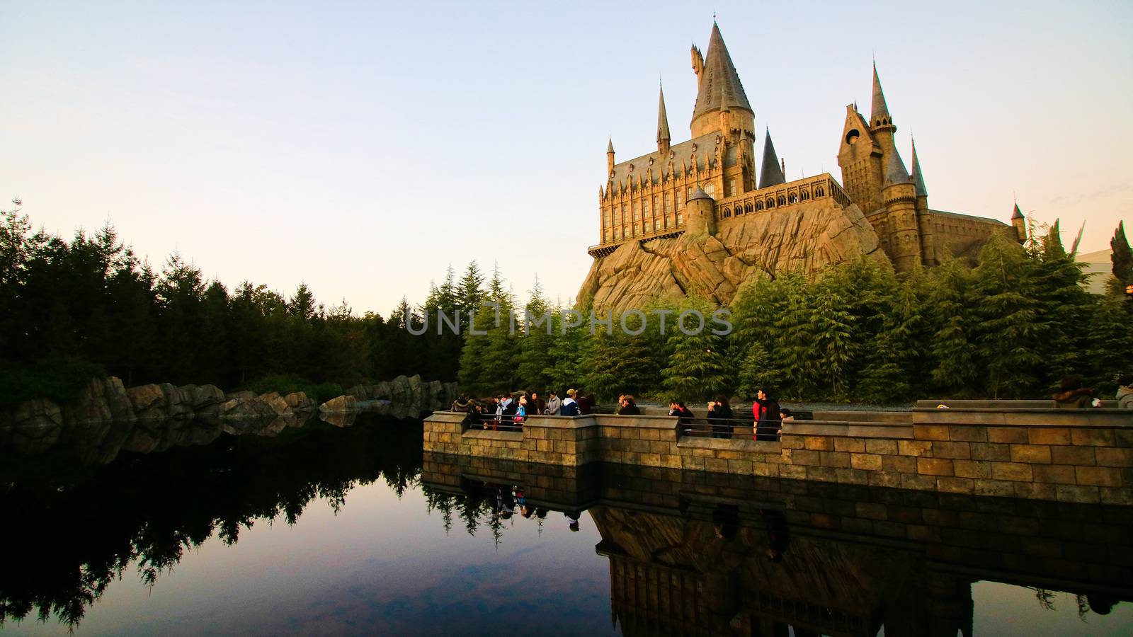 Osaka, Japan - Dec 02, 2017: View of Hogwarts castle at the Wizarding World of Harry Potter in Universal Studios Japan.