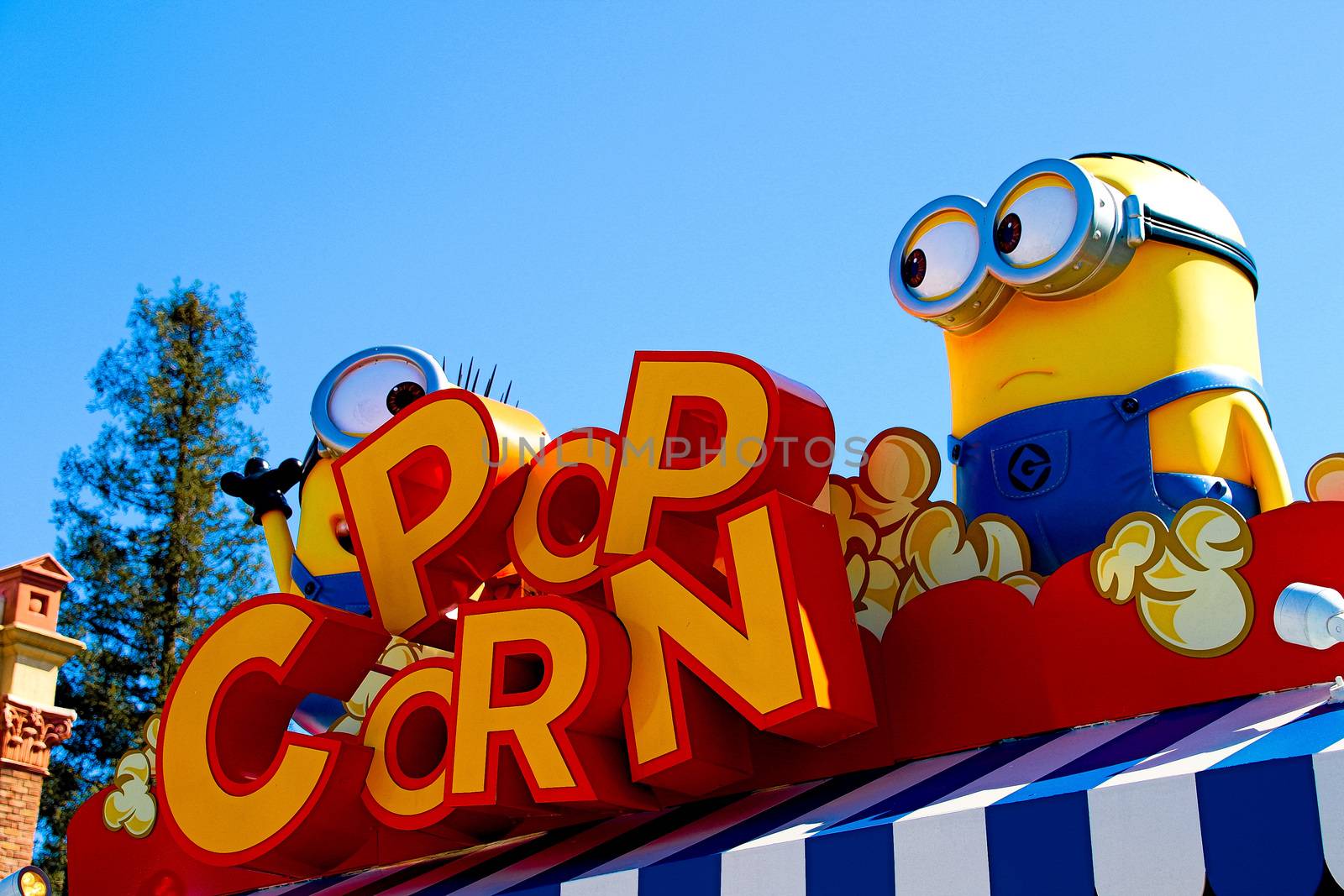 OSAKA, JAPAN - Feb 19, 2020 : Statue of "HAPPY MINION", located in Universal Studios Japan, Osaka, Japan. Minions are famous character from Despicable Me animation.