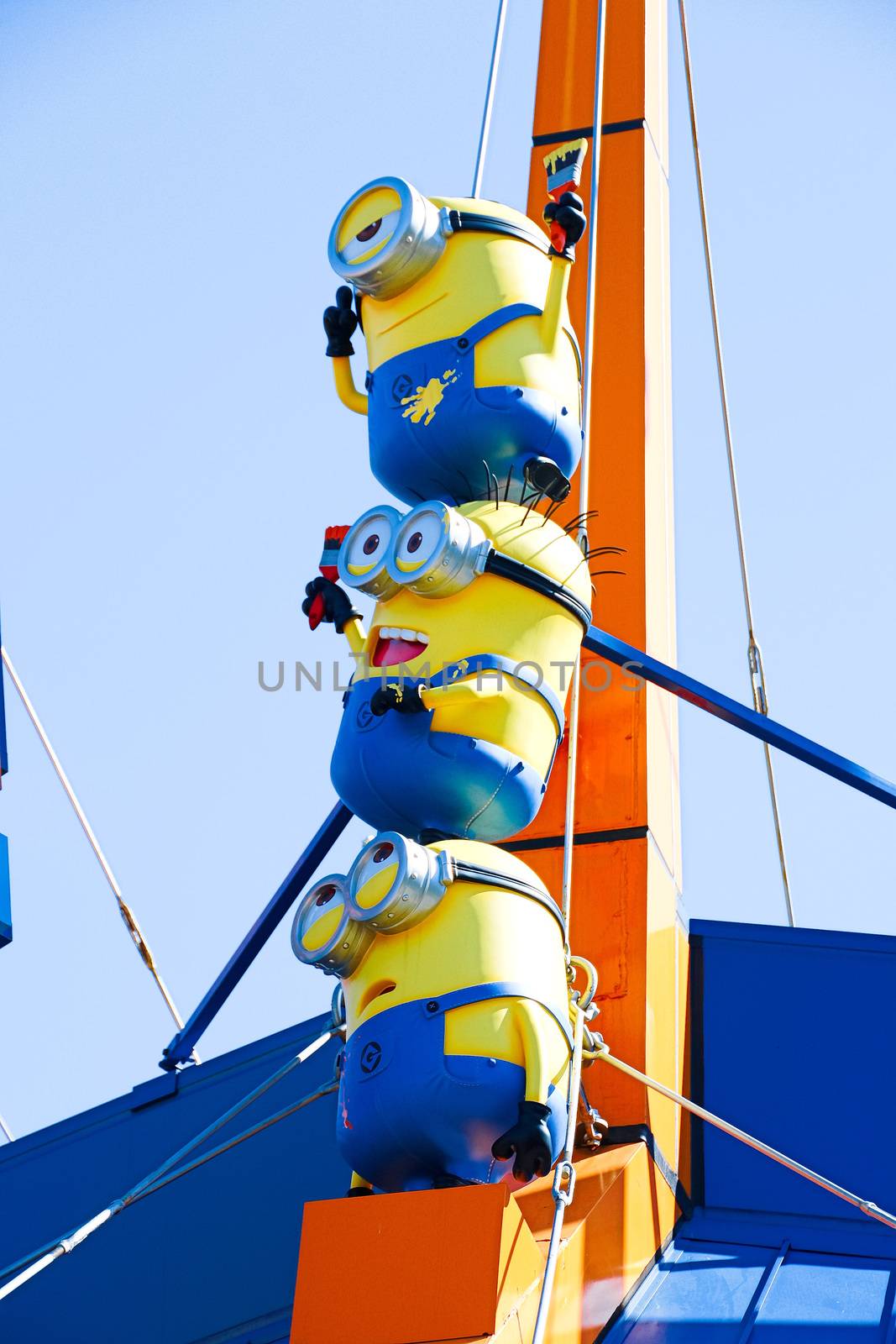 OSAKA, JAPAN - Feb 19, 2020 : Statue of "HAPPY MINION", located in Universal Studios Japan, Osaka, Japan. Minions are famous character from Despicable Me animation.