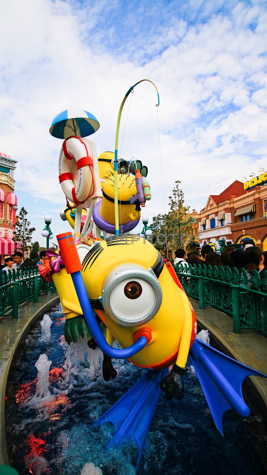 OSAKA, JAPAN - November 03, 2017 : Statue of MINIONS at MINION PARK ENTRANCE in Universal Studios JAPAN.  Minions are famous characters from Despicable Me animation. by USA-TARO