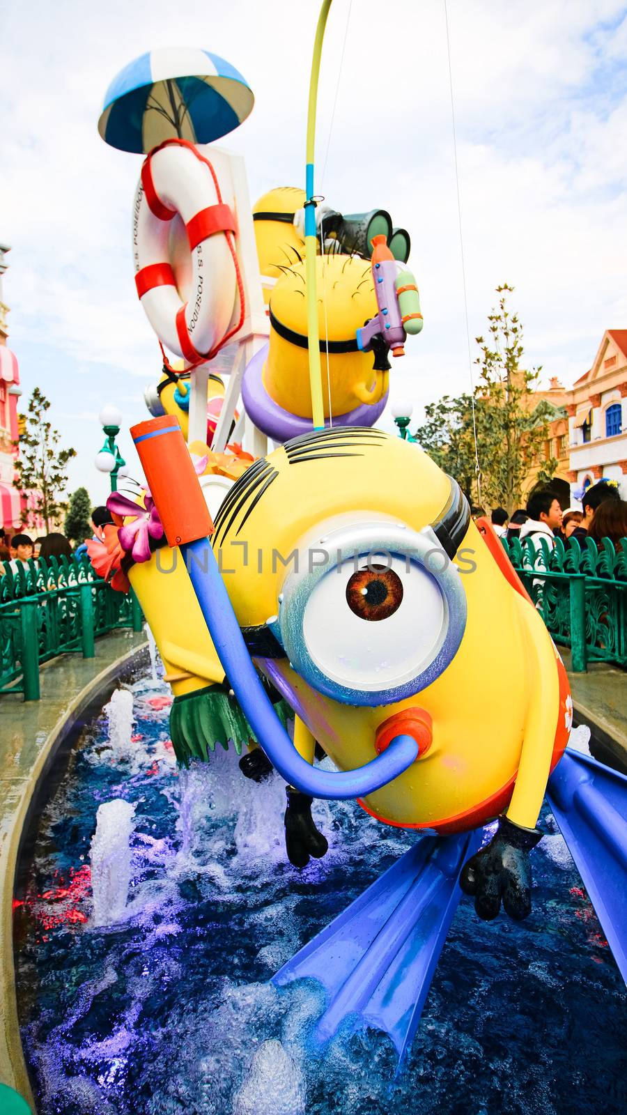 OSAKA, JAPAN - November 03, 2017 : Statue of MINIONS at MINION PARK ENTRANCE in Universal Studios JAPAN.  Minions are famous characters from Despicable Me animation.