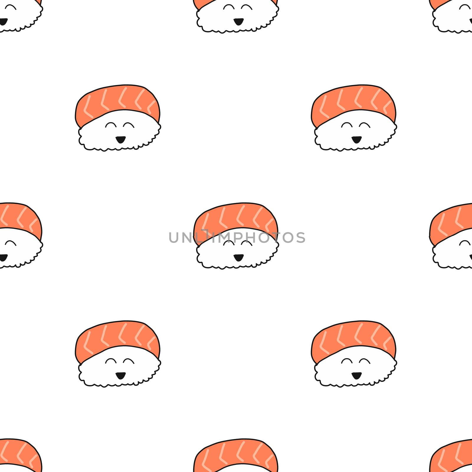 Food concept. Seamless pattern hand drawing set of kawaii or cute sushi isolated on white background. by iiinuthiii