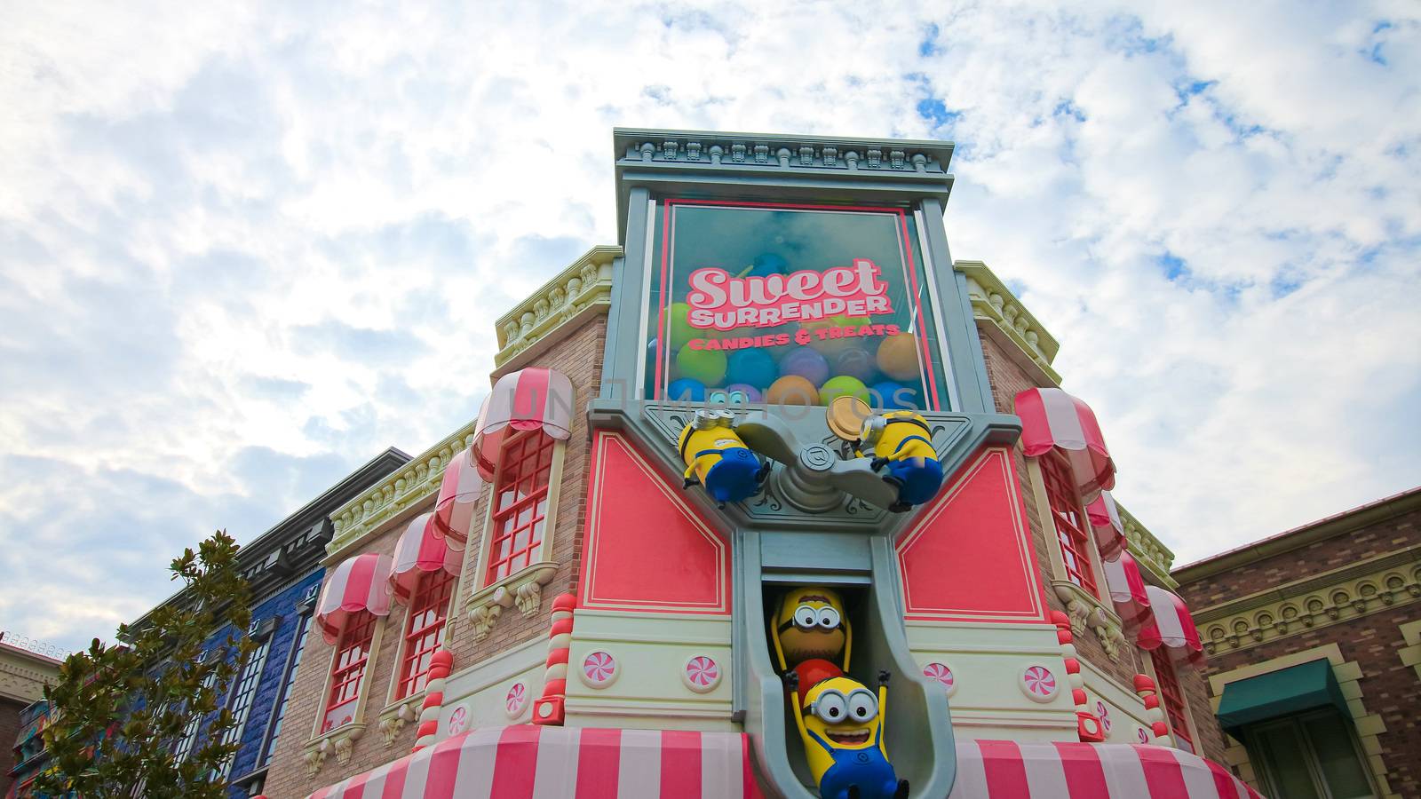 Osaka, JAPAN - NOV 19, 2019: Sign board of Minions from Despicable Me Minion Mayhem Movie at Minion Park in Universal Studios JAPAN.Universal Studios JAPAN is a theme park in Osaka.