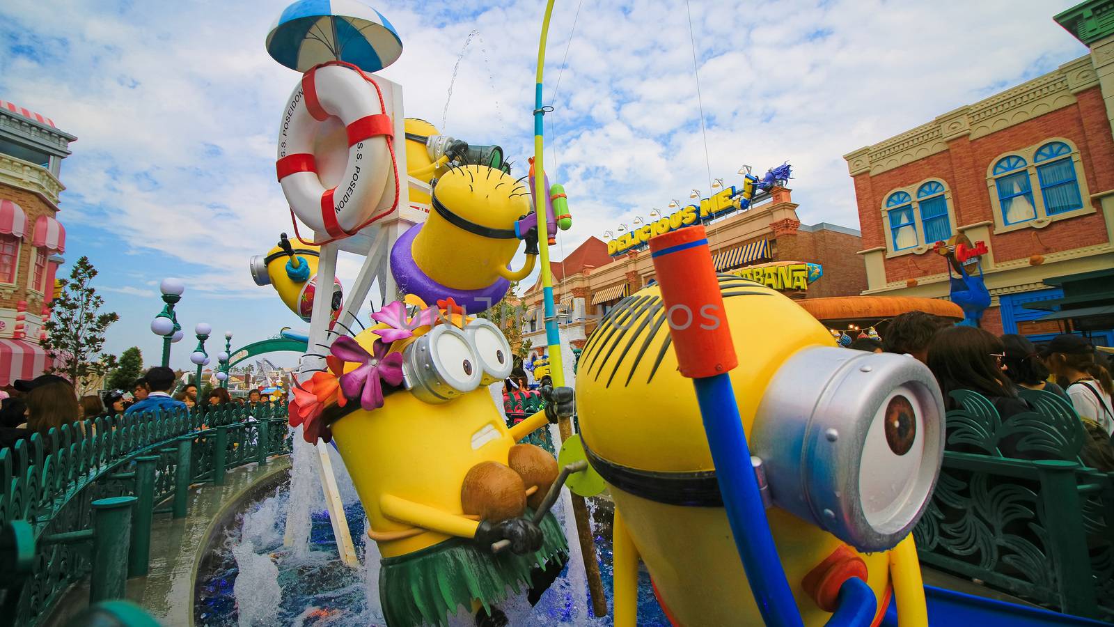 OSAKA, JAPAN - November 03, 2017 : Statue of MINIONS at MINION PARK ENTRANCE in Universal Studios JAPAN.  Minions are famous characters from Despicable Me animation. by USA-TARO