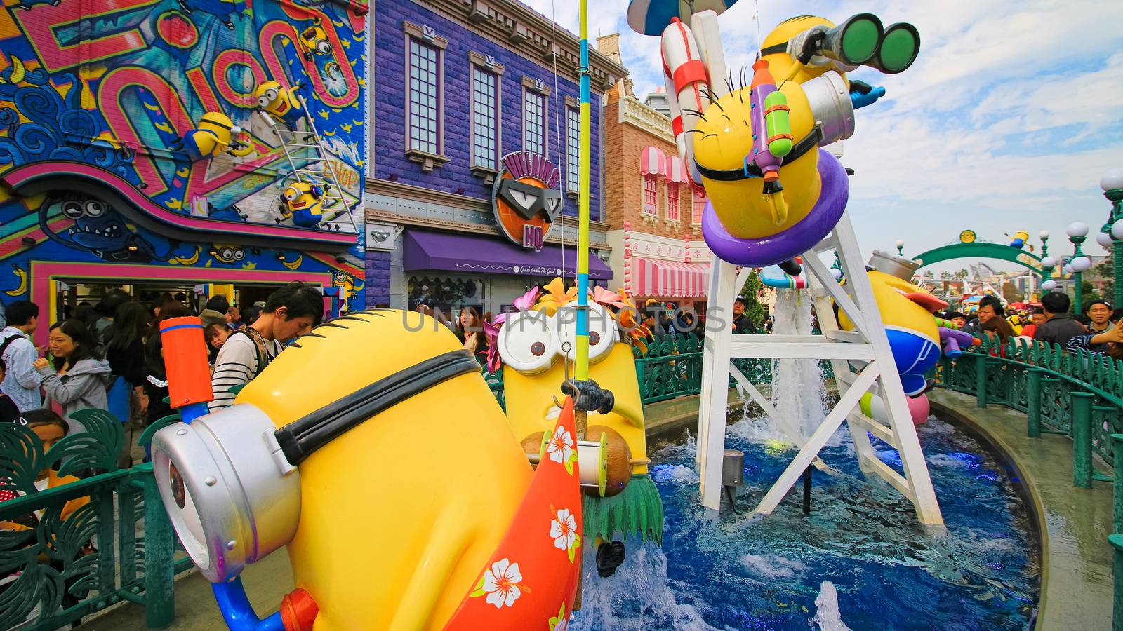 OSAKA, JAPAN - November 03, 2017 : Statue of MINIONS at MINION PARK ENTRANCE in Universal Studios JAPAN.  Minions are famous characters from Despicable Me animation.