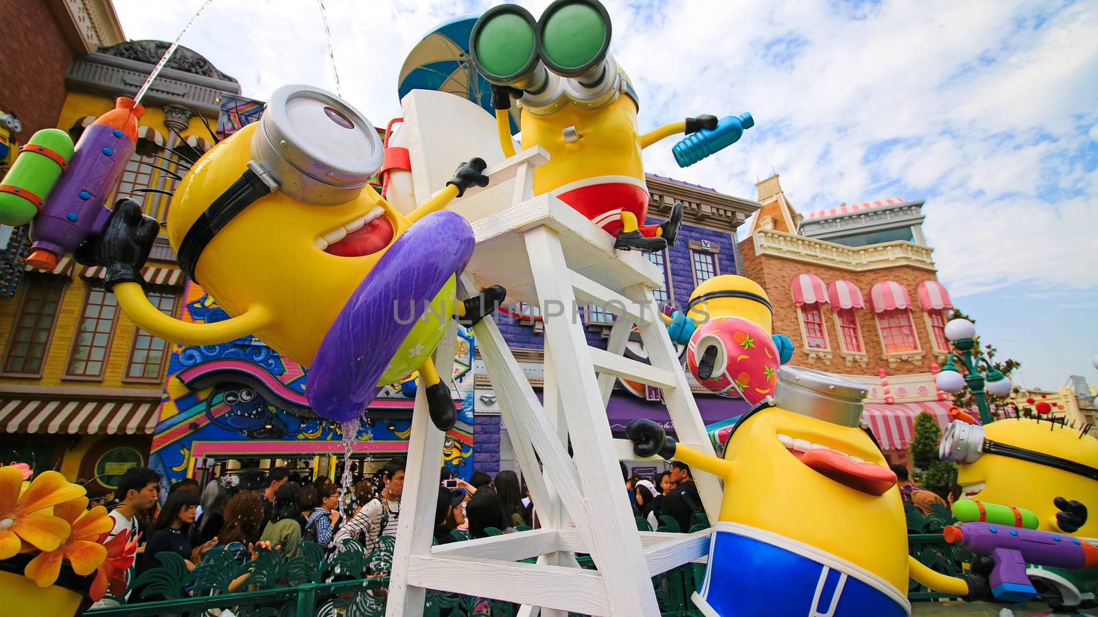 OSAKA, JAPAN - November 03, 2017 : Statue of MINIONS at MINION PARK ENTRANCE in Universal Studios JAPAN.  Minions are famous characters from Despicable Me animation.