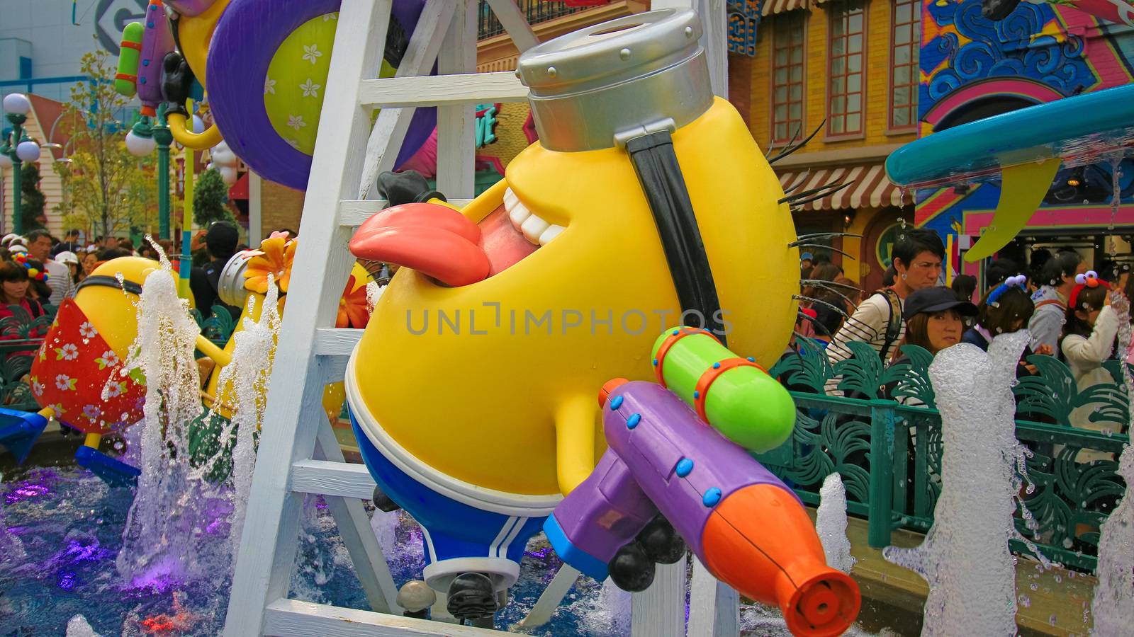 OSAKA, JAPAN - November 03, 2017 : Statue of MINIONS at MINION PARK ENTRANCE in Universal Studios JAPAN.  Minions are famous characters from Despicable Me animation.