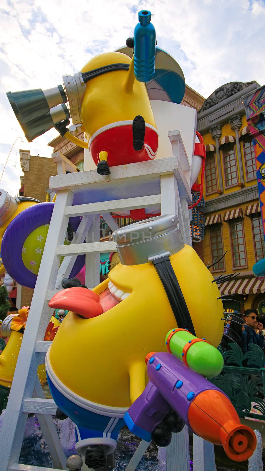 OSAKA, JAPAN - November 03, 2017 : Statue of MINIONS at MINION PARK ENTRANCE in Universal Studios JAPAN.  Minions are famous characters from Despicable Me animation.