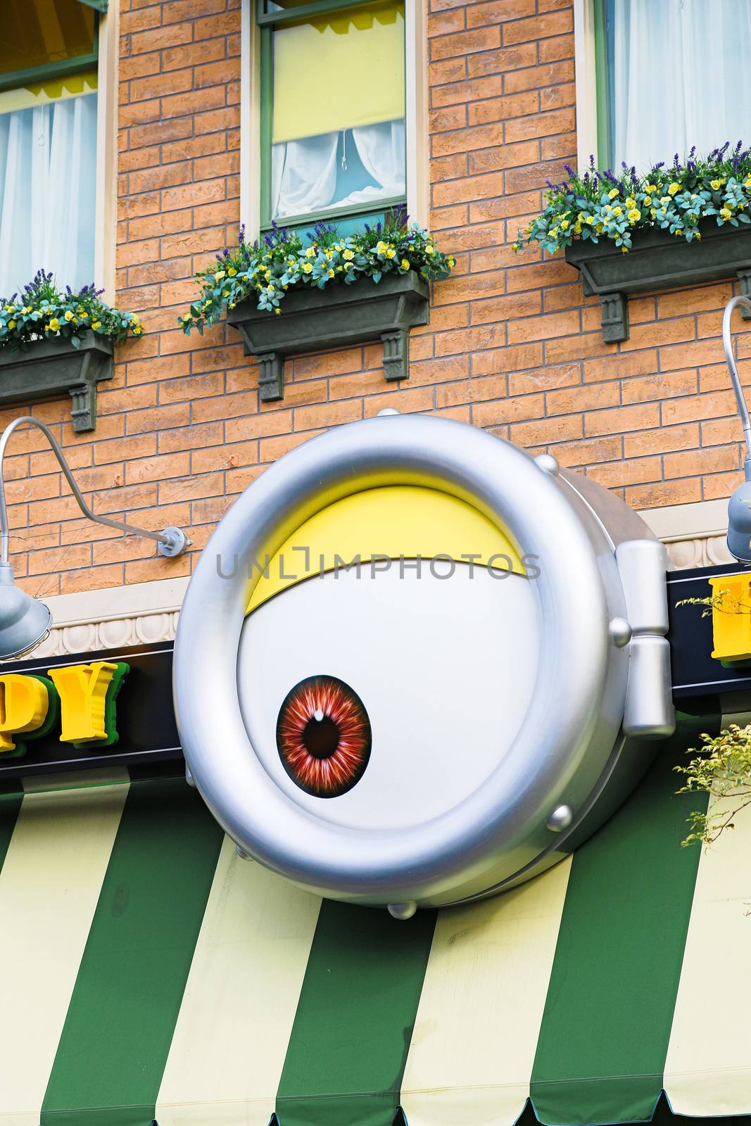 Osaka, JAPAN - NOV 19, 2019: Sign board of Minions from Despicable Me Minion Mayhem Movie at Minion Park in Universal Studios JAPAN.Universal Studios JAPAN is a theme park in Osaka.