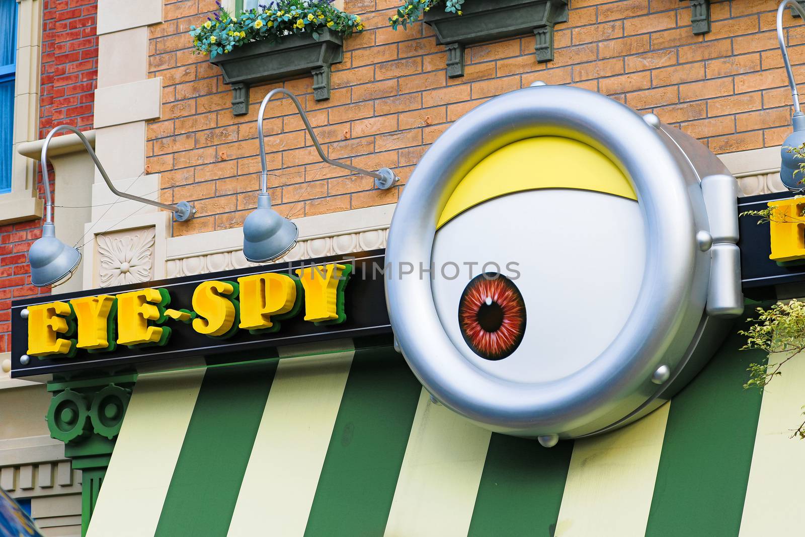 Osaka, JAPAN - NOV 19, 2019: Sign board of Minions from Despicable Me Minion Mayhem Movie at Minion Park in Universal Studios JAPAN.Universal Studios JAPAN is a theme park in Osaka.