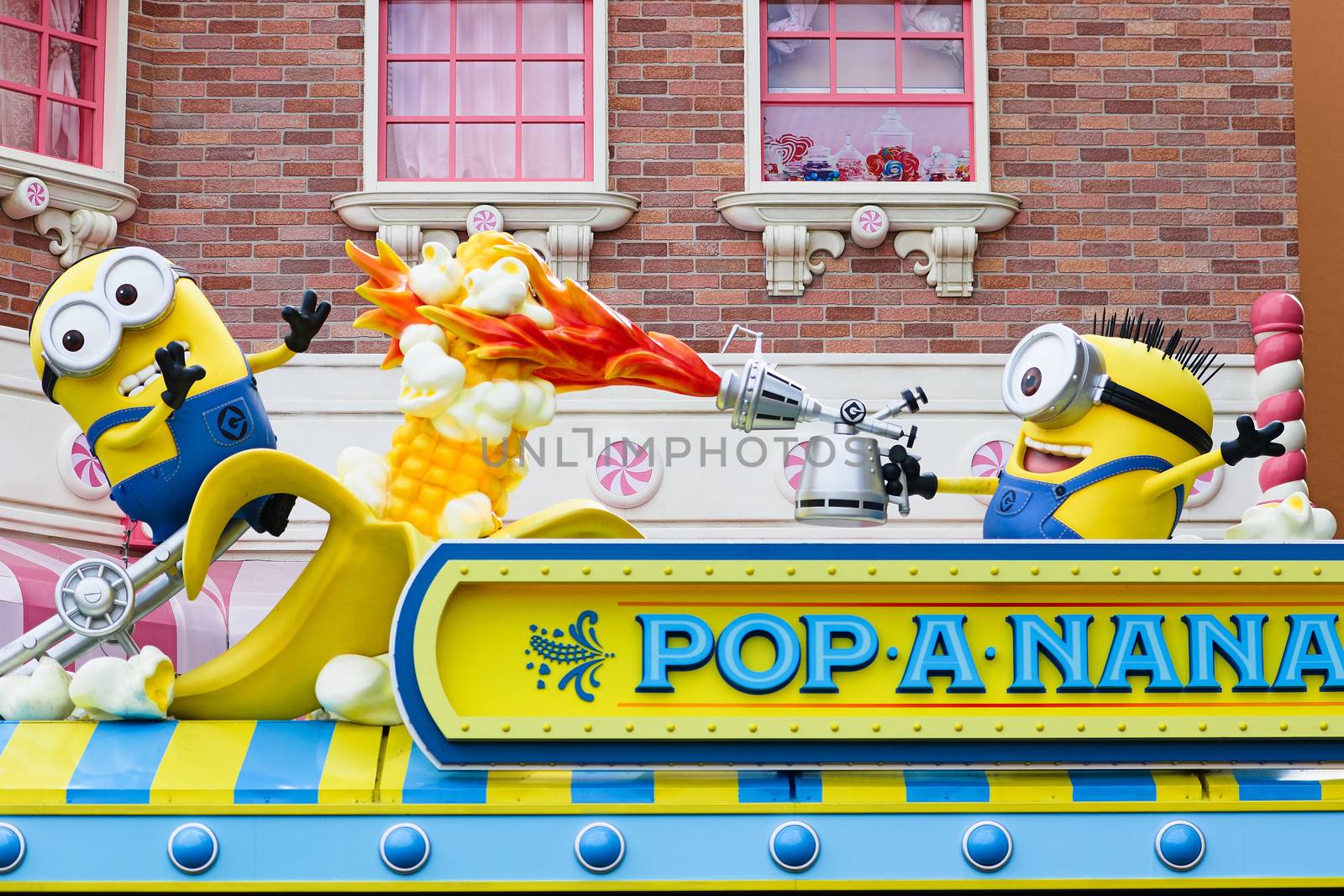 Osaka, JAPAN - NOV 19, 2019: Sign board of Minions from Despicable Me Minion Mayhem Movie at Minion Park in Universal Studios JAPAN.Universal Studios JAPAN is a theme park in Osaka.