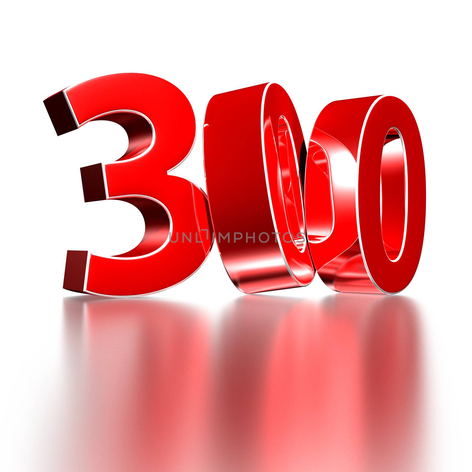 3D illustration Red number 300 isolated on a white background there is a reflection.(with Clipping Path).