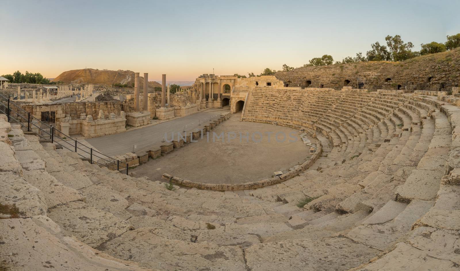 Sunset view of The Roman theater, in the ancient Roman-Byzantine city of Bet Shean (Nysa-Scythopolis), now a National Park. Northern Israel