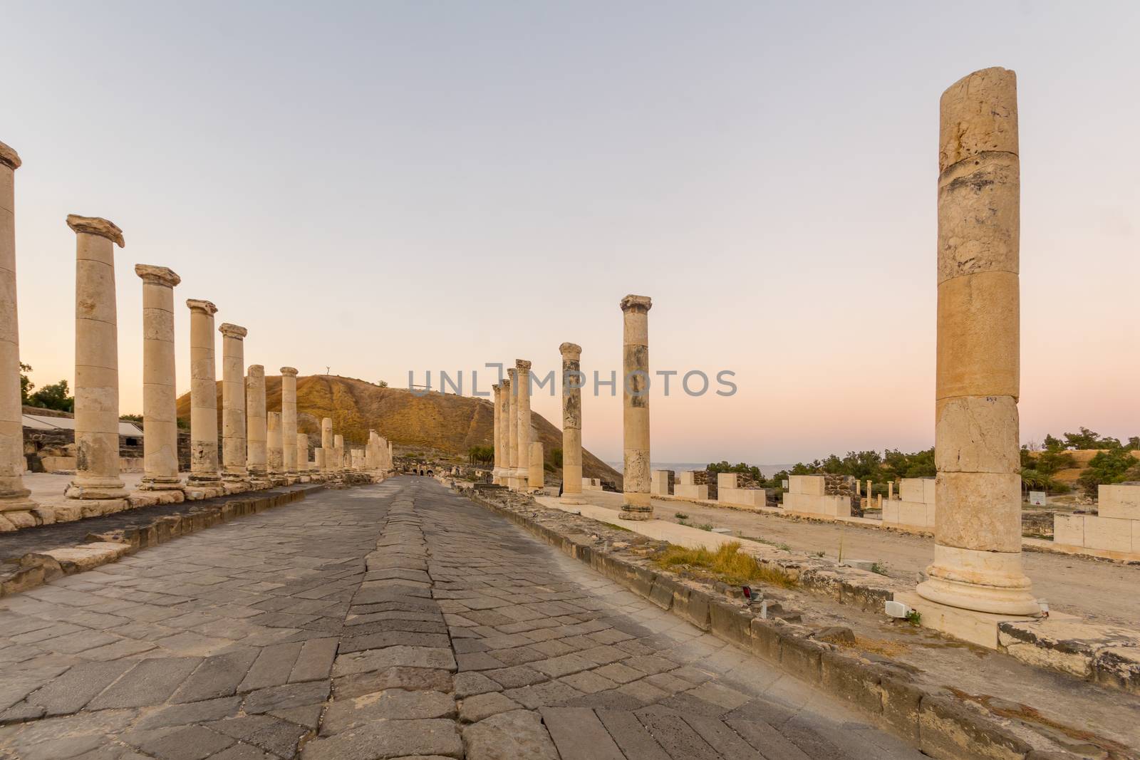 Sunset view of the reconstructed cardo (Palladius Street), in the ancient Roman-Byzantine city of Bet Shean (Nysa-Scythopolis), now a National Park. Northern Israel