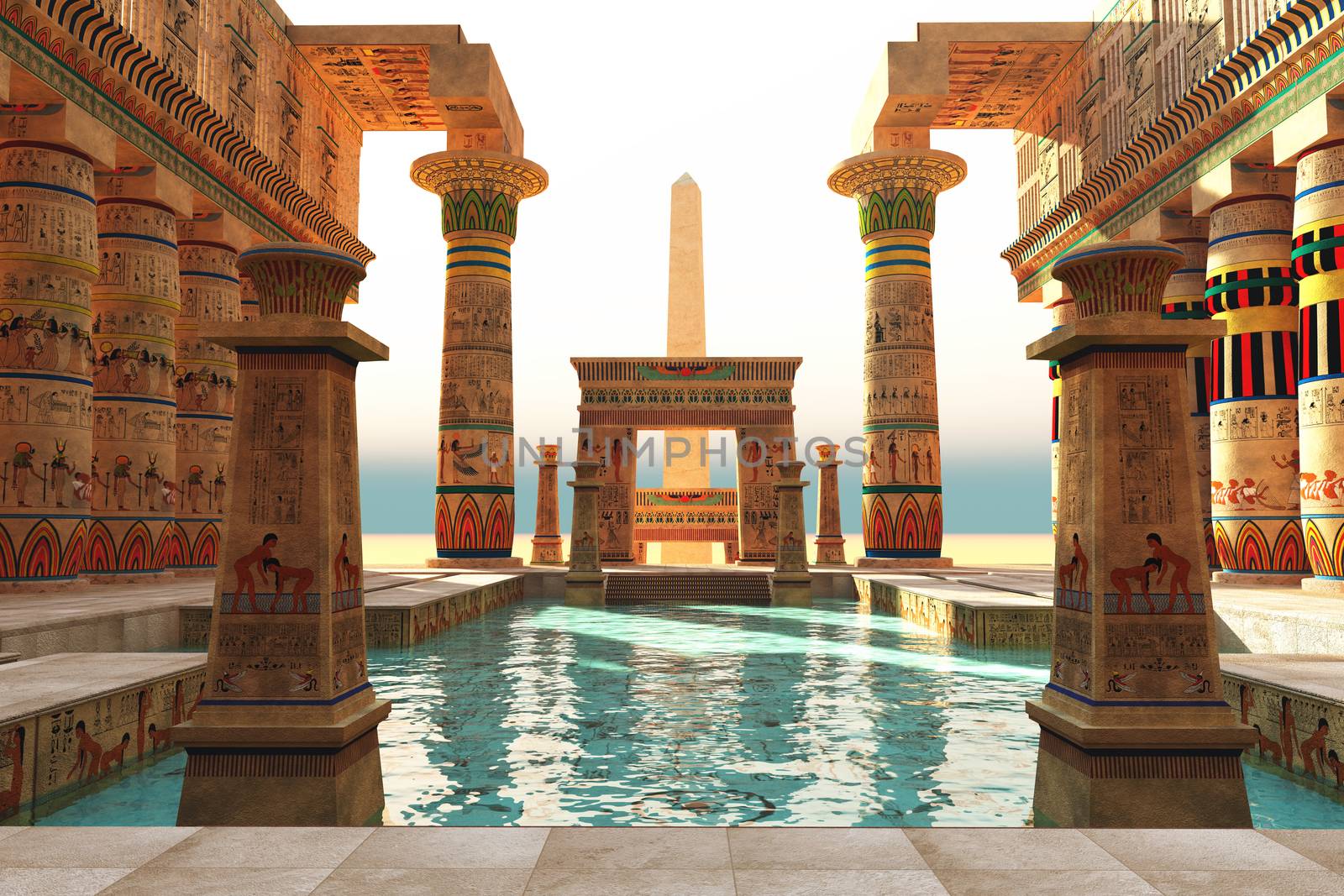 Ornate Egyptian architecture with hieroglyphs surround a pool in historical Egypt with an obelisk standing guard.