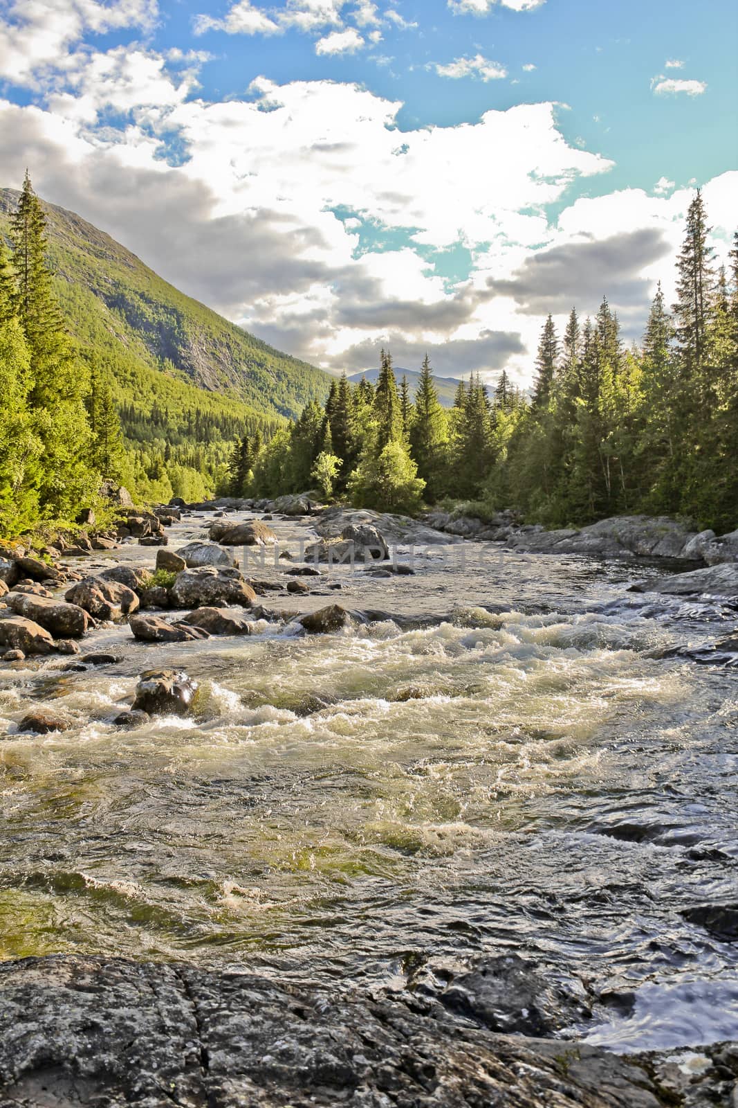 River of the beautiful waterfall Rjukandefossen with mountain views to the sunset in Hemsedal, Buskerud, Norway.